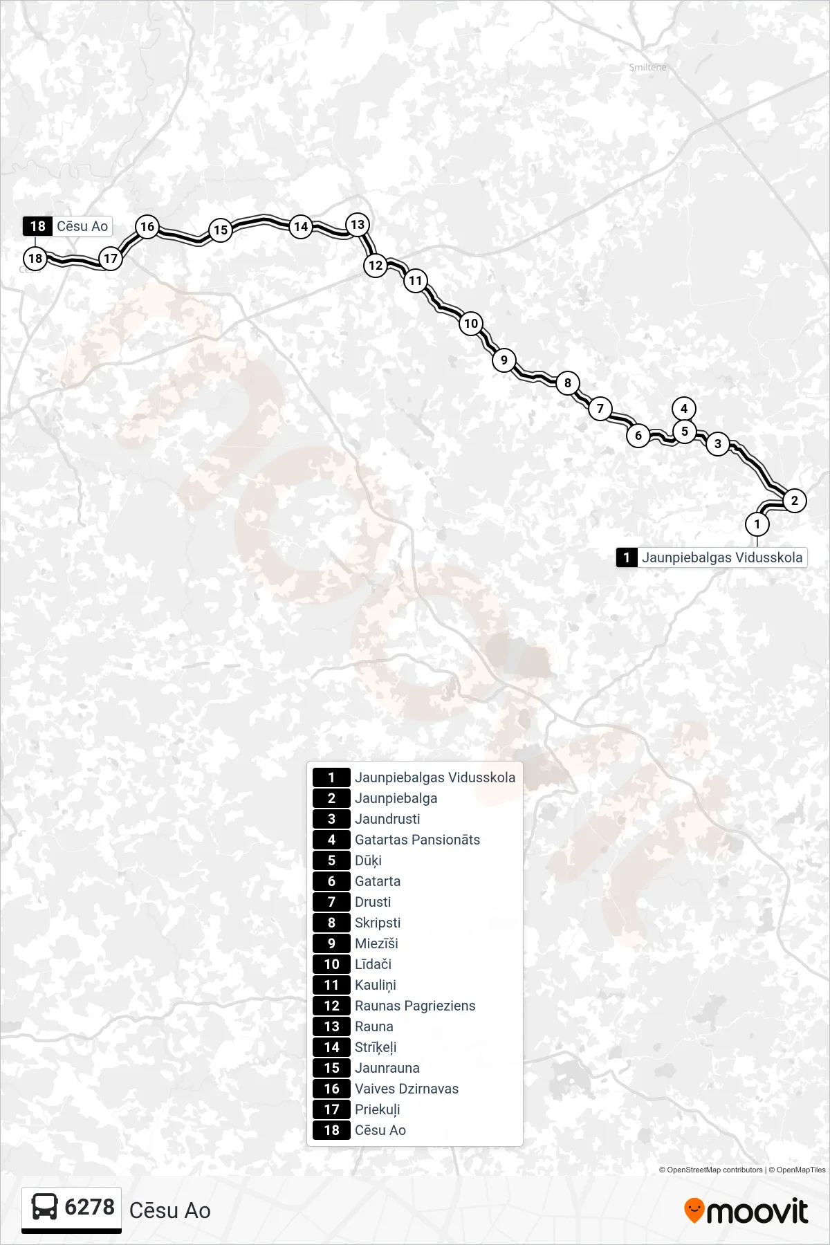 6278 bus Line (Cēsu Ao) route and stops on a map