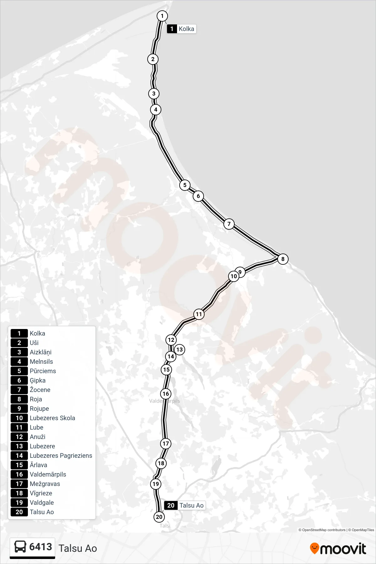 6413 bus Line (Talsu Ao) route and stops on a map