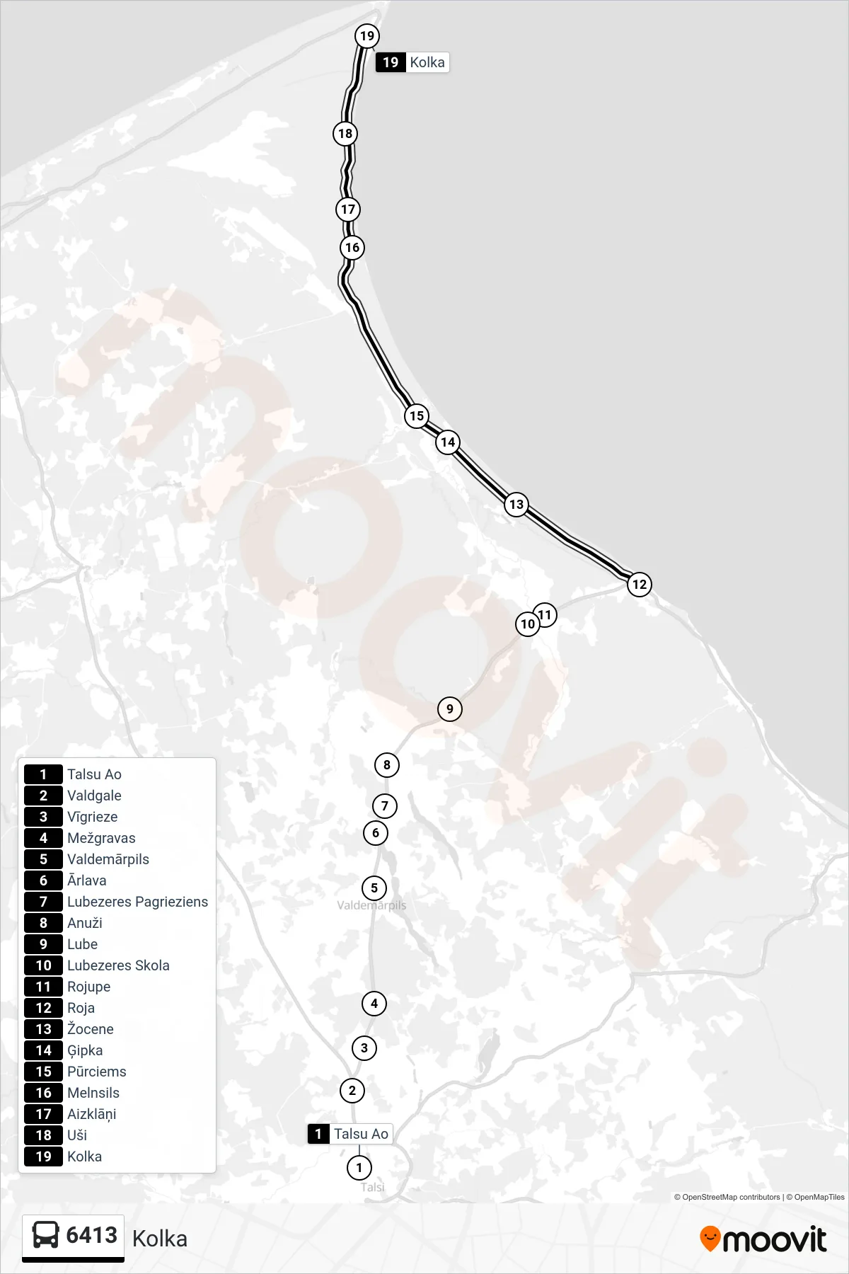 6413 bus Line (Kolka) route and stops on a map