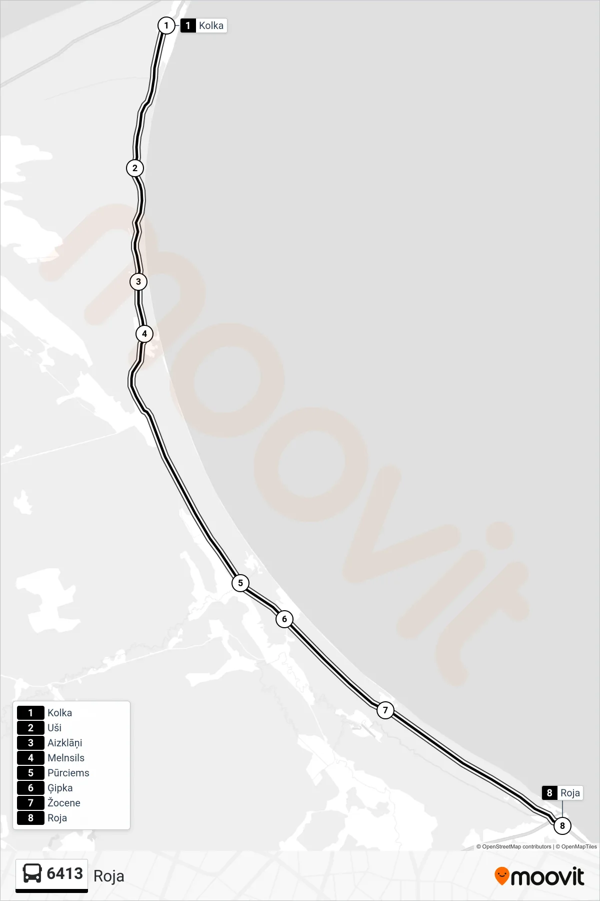 6413 bus Line (Roja) route and stops on a map