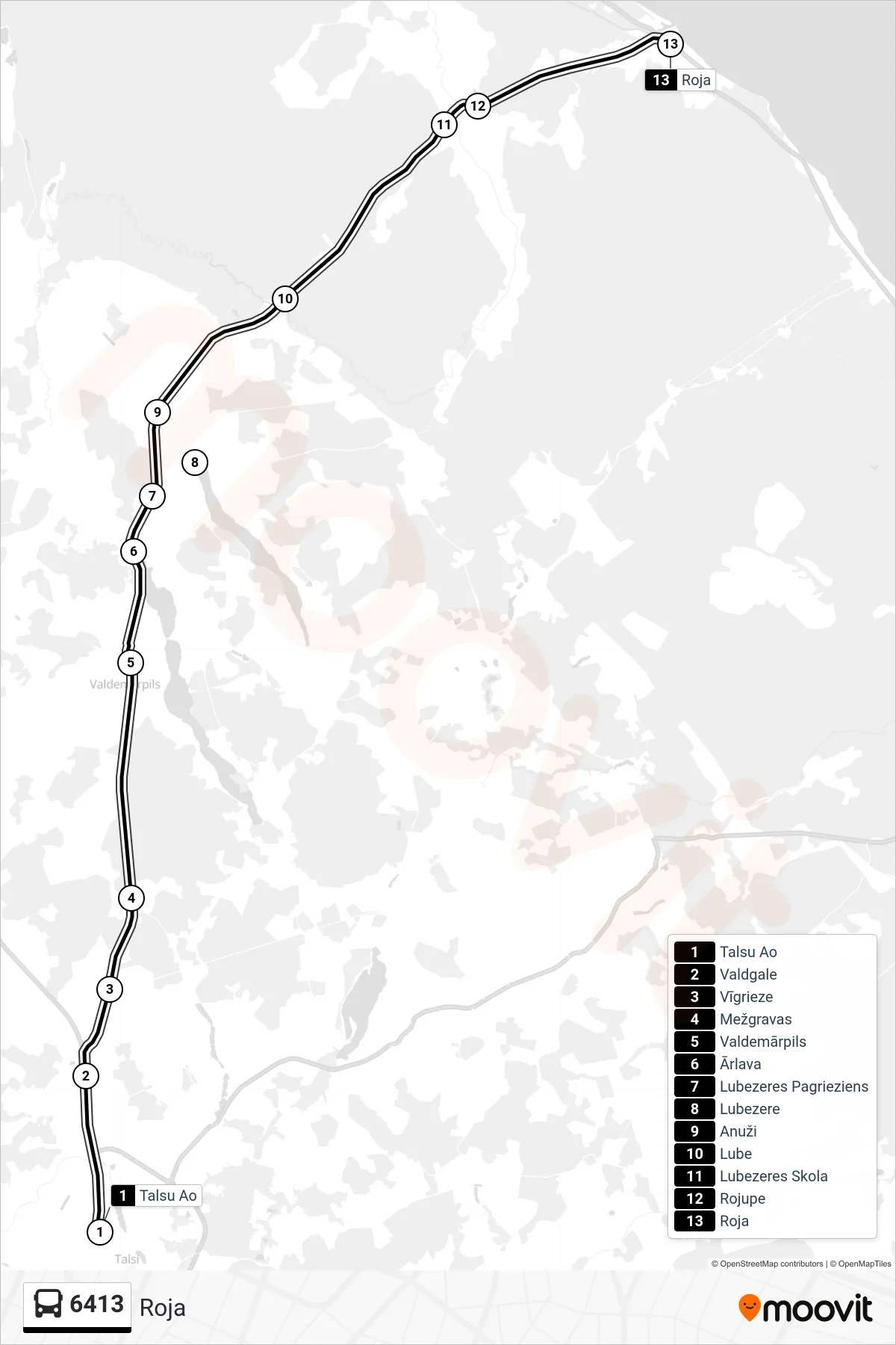 6413 bus Line (Roja) route and stops on a map