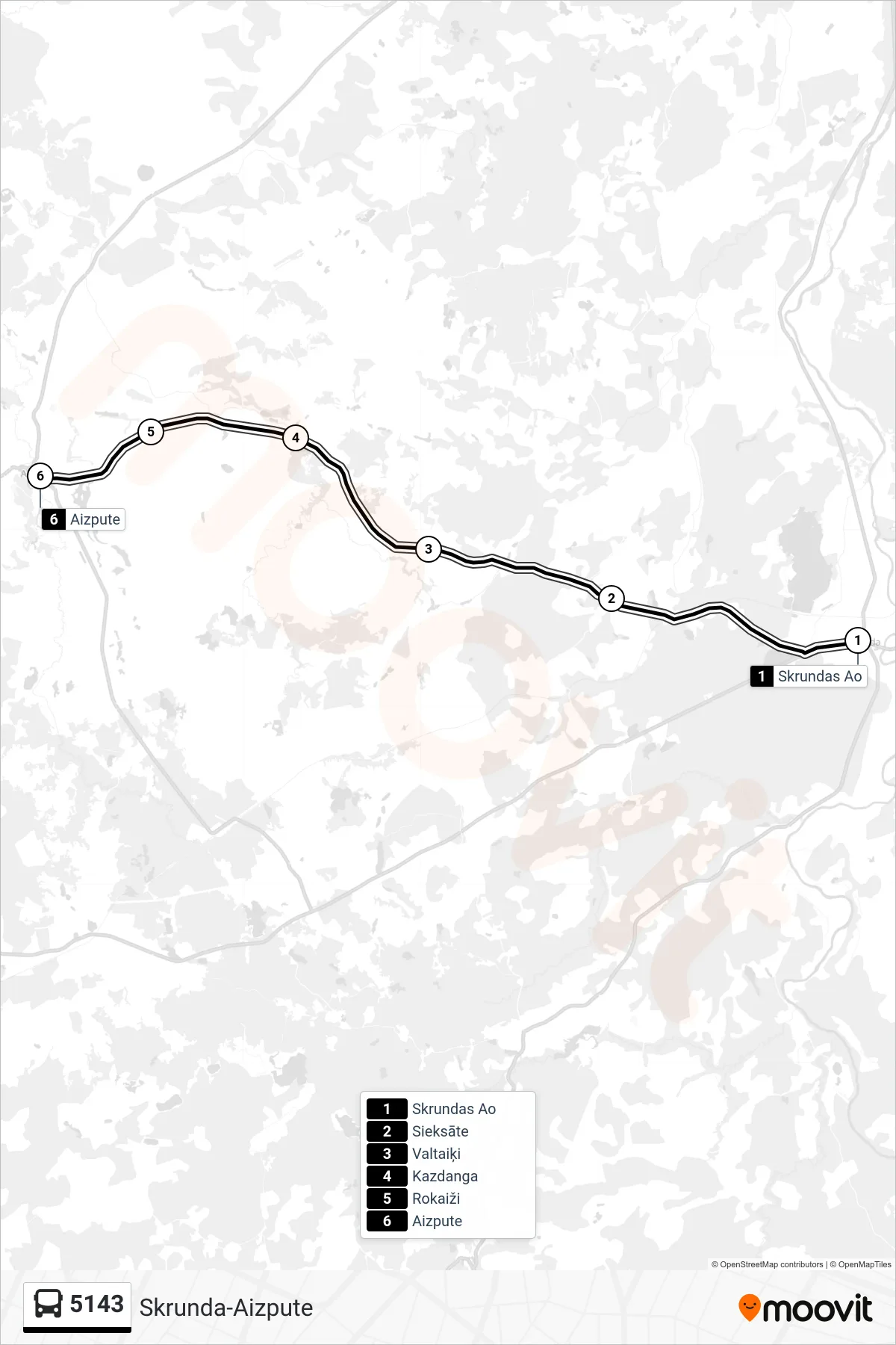 5143 bus Line (Aizpute) route and stops on a map