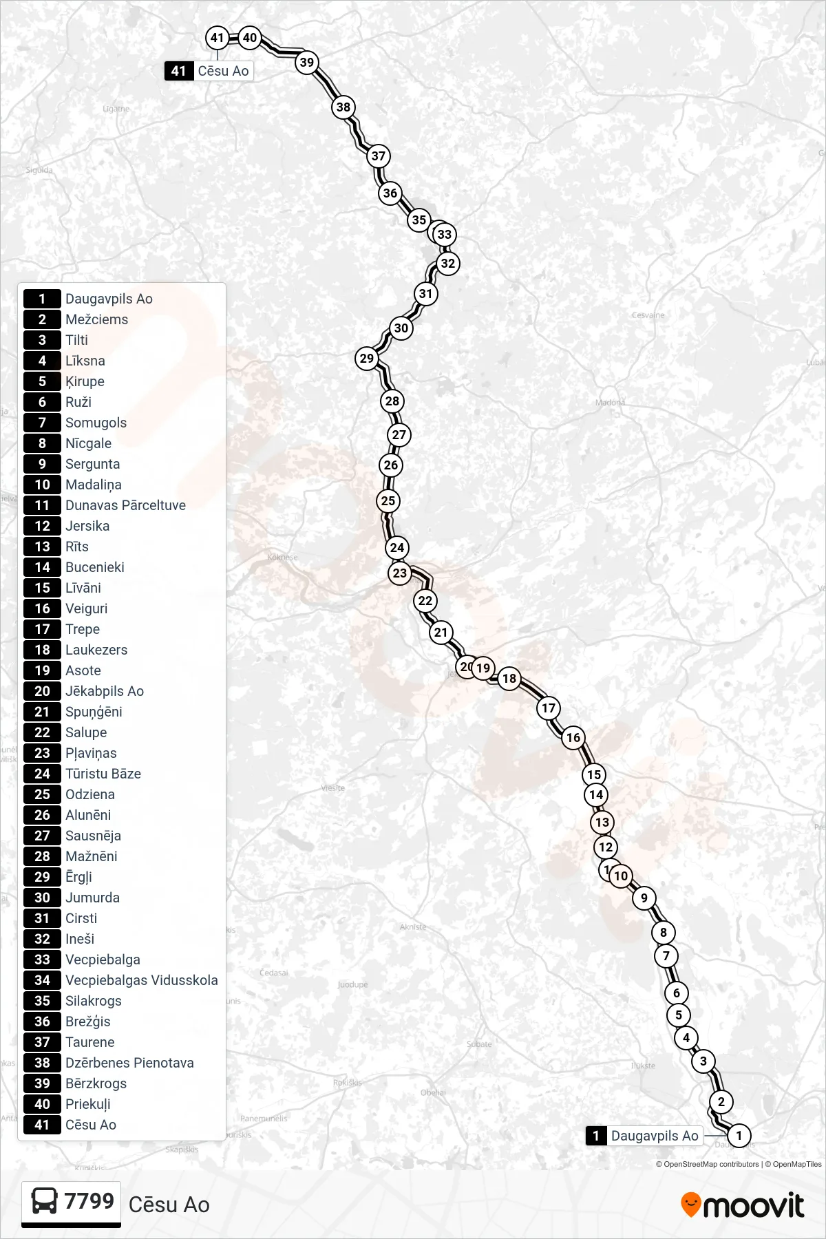 7799 bus Line (Cēsu Ao) route and stops on a map