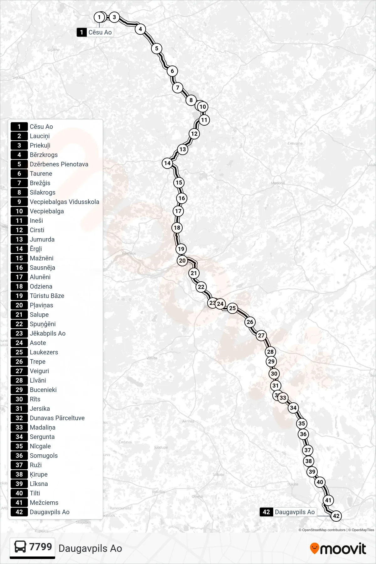 7799 bus Line (Daugavpils Ao) route and stops on a map