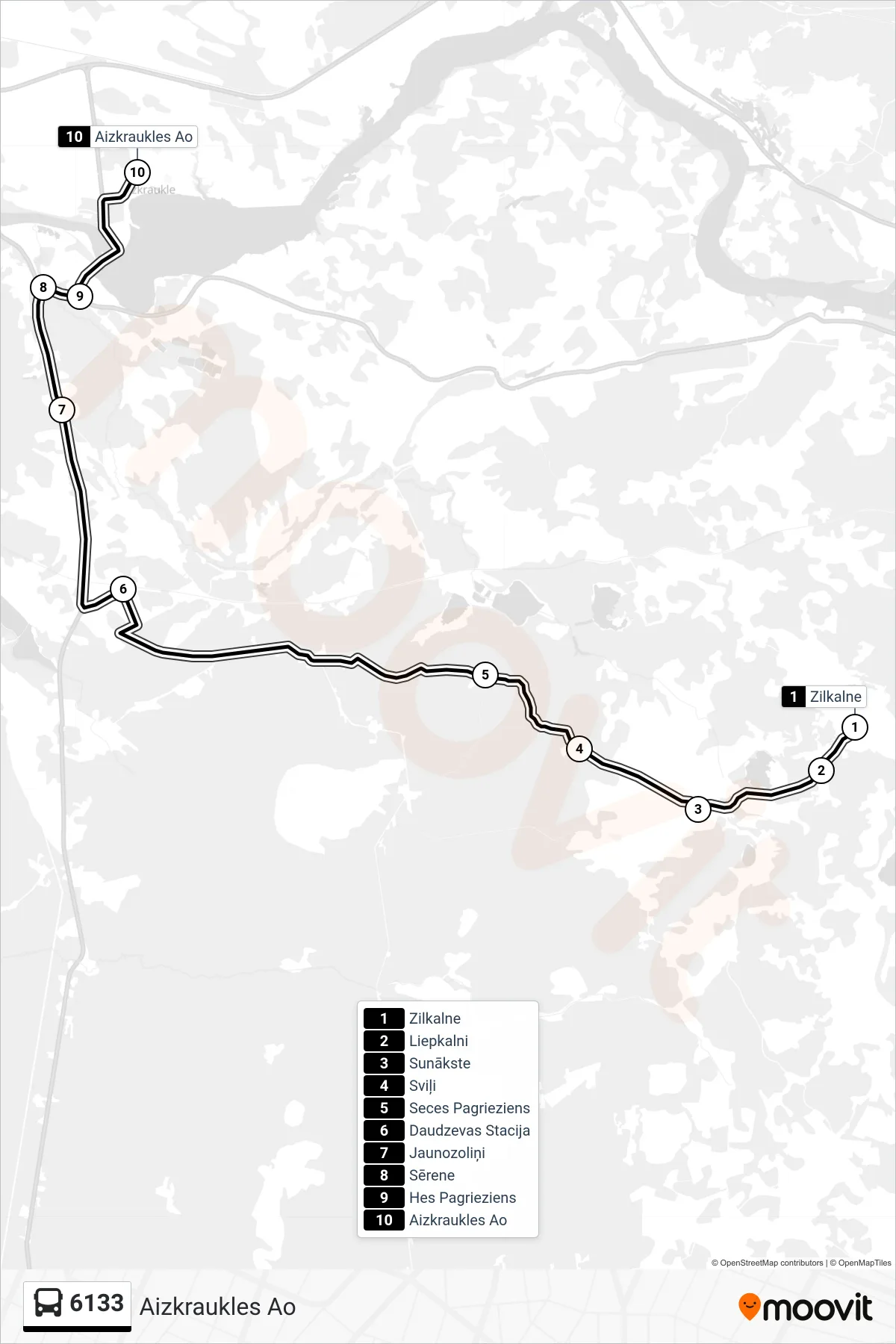 6133 bus Line (Aizkraukles Ao) route and stops on a map