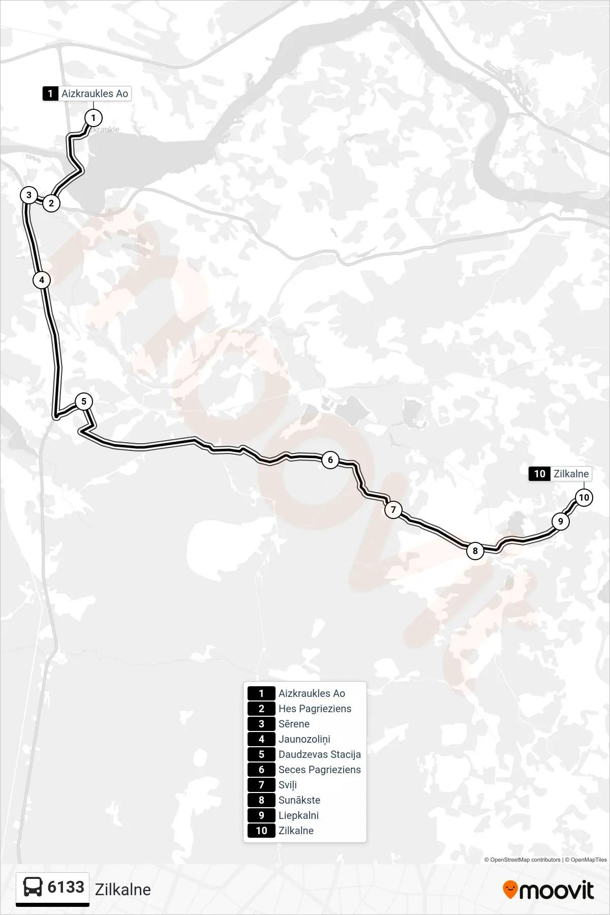 6133 bus Line (Zilkalne) route and stops on a map