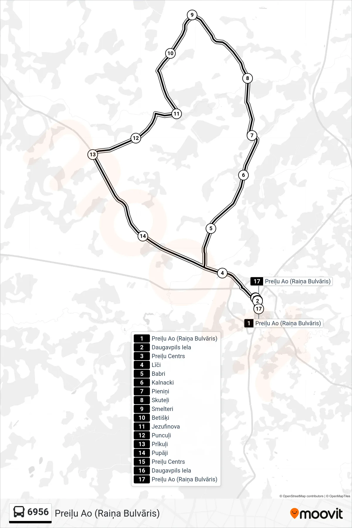 6956 bus Line (Preiļu Ao (Raiņa Bulvāris)) route and stops on a map
