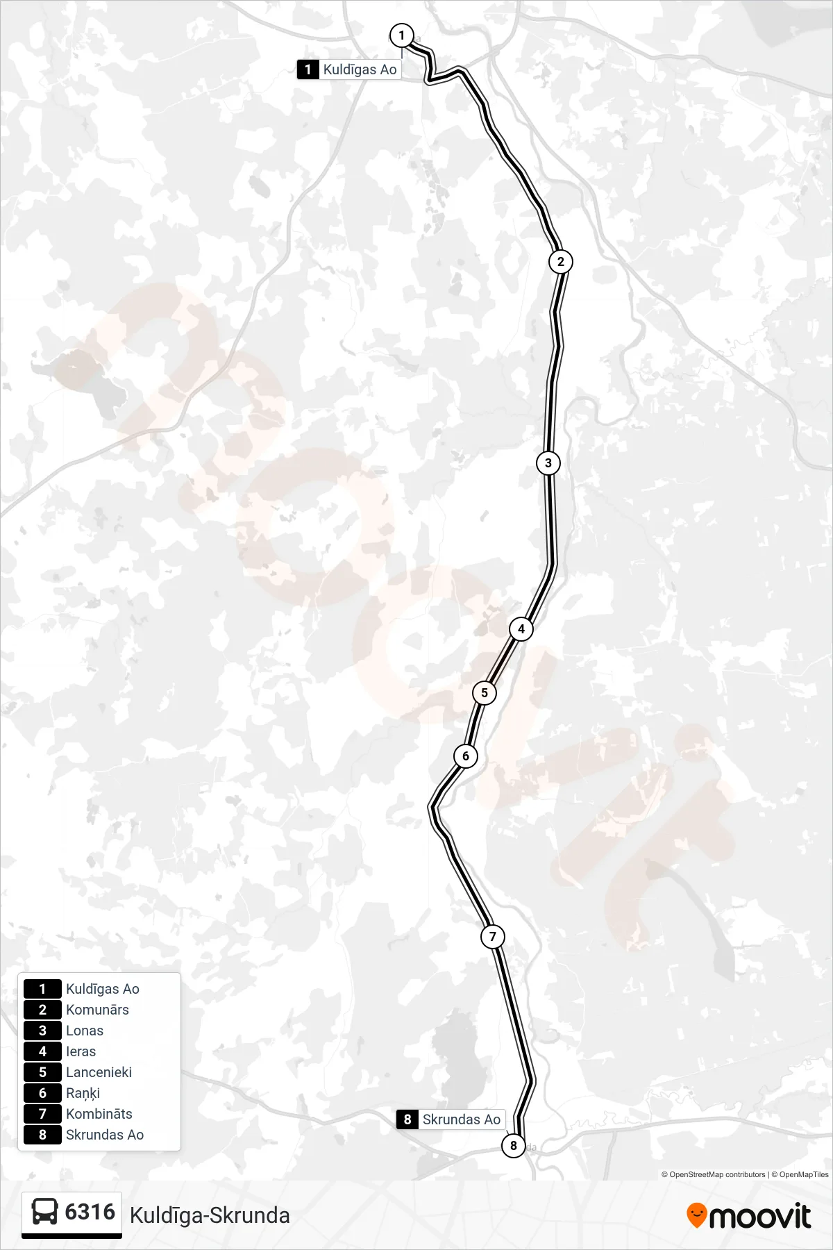 6316 bus Line (Skrundas Ao) route and stops on a map