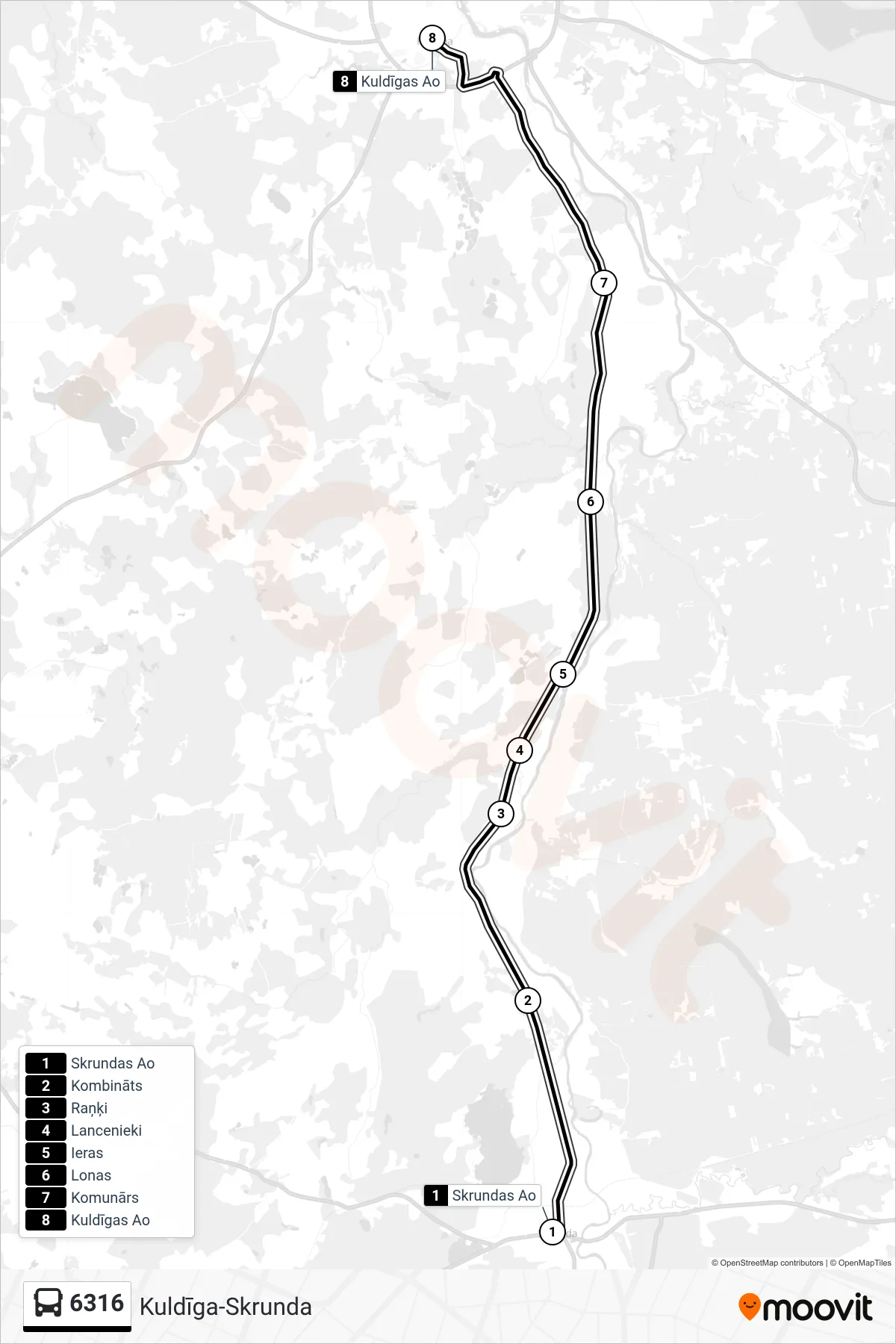 6316 bus Line (Kuldīgas Ao) route and stops on a map