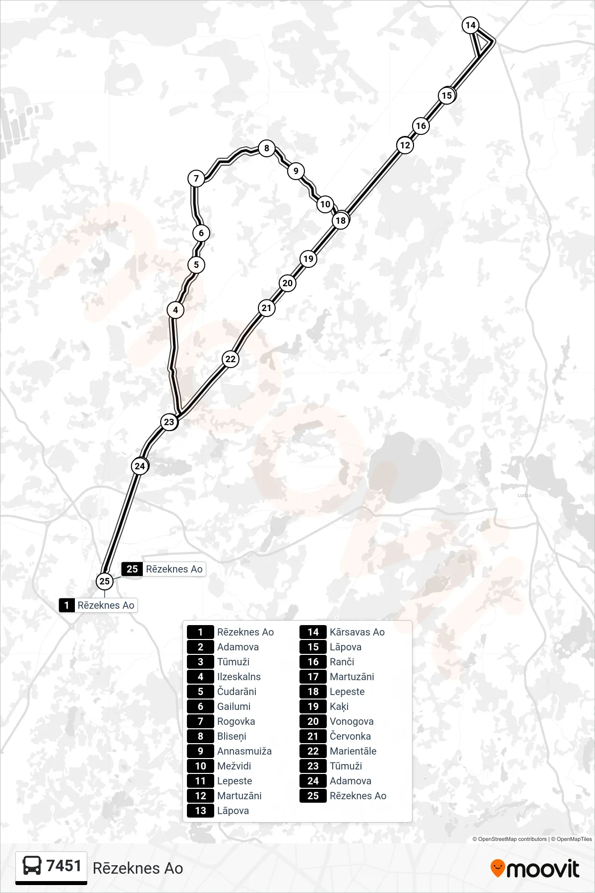 7451 bus Line (Rēzeknes Ao) route and stops on a map