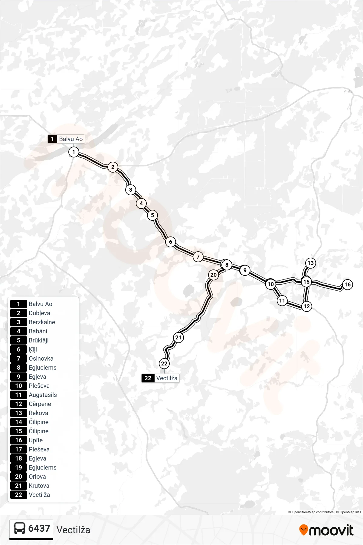 6437 bus Line (Vectilža) route and stops on a map