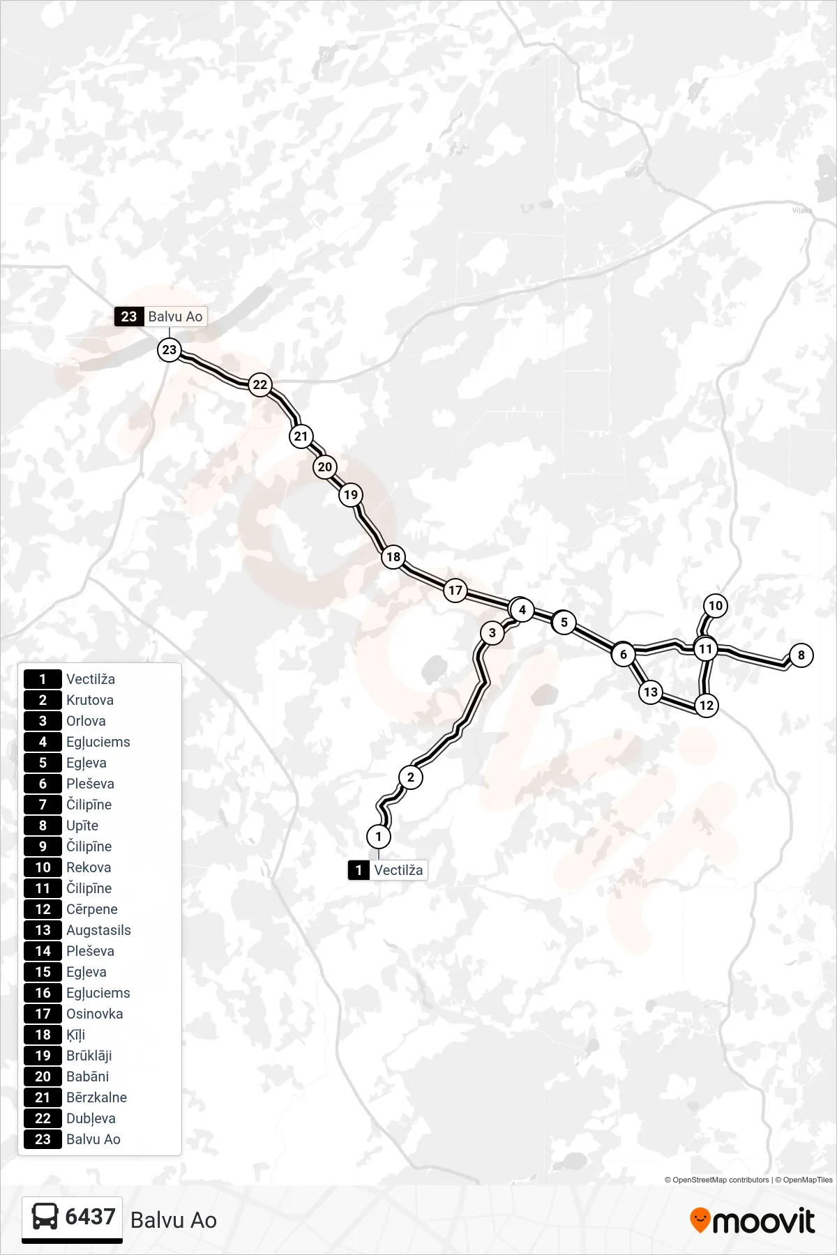 6437 bus Line (Balvu Ao) route and stops on a map