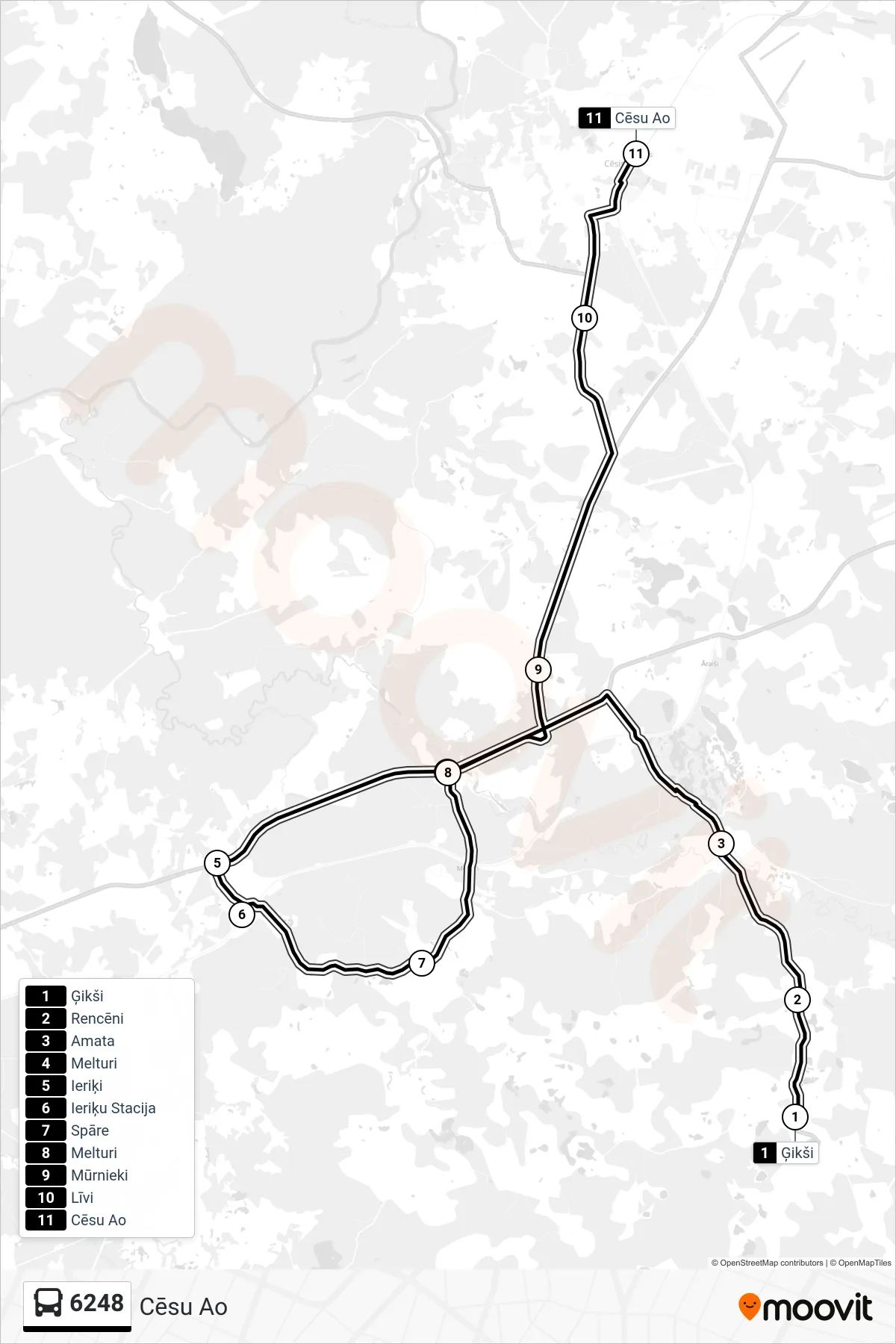 6248 bus Line (Cēsu Ao) route and stops on a map