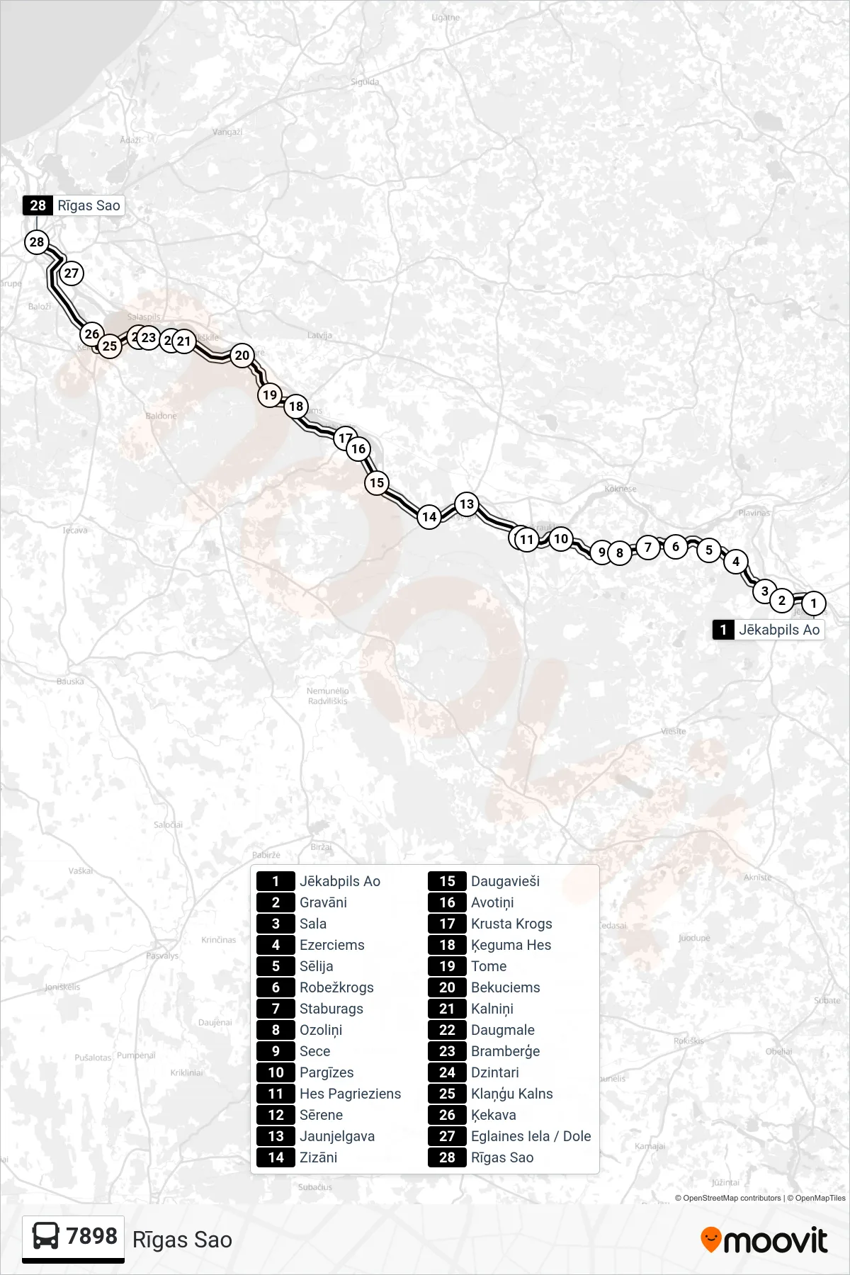 7898 bus Line (Rīgas Sao) route and stops on a map
