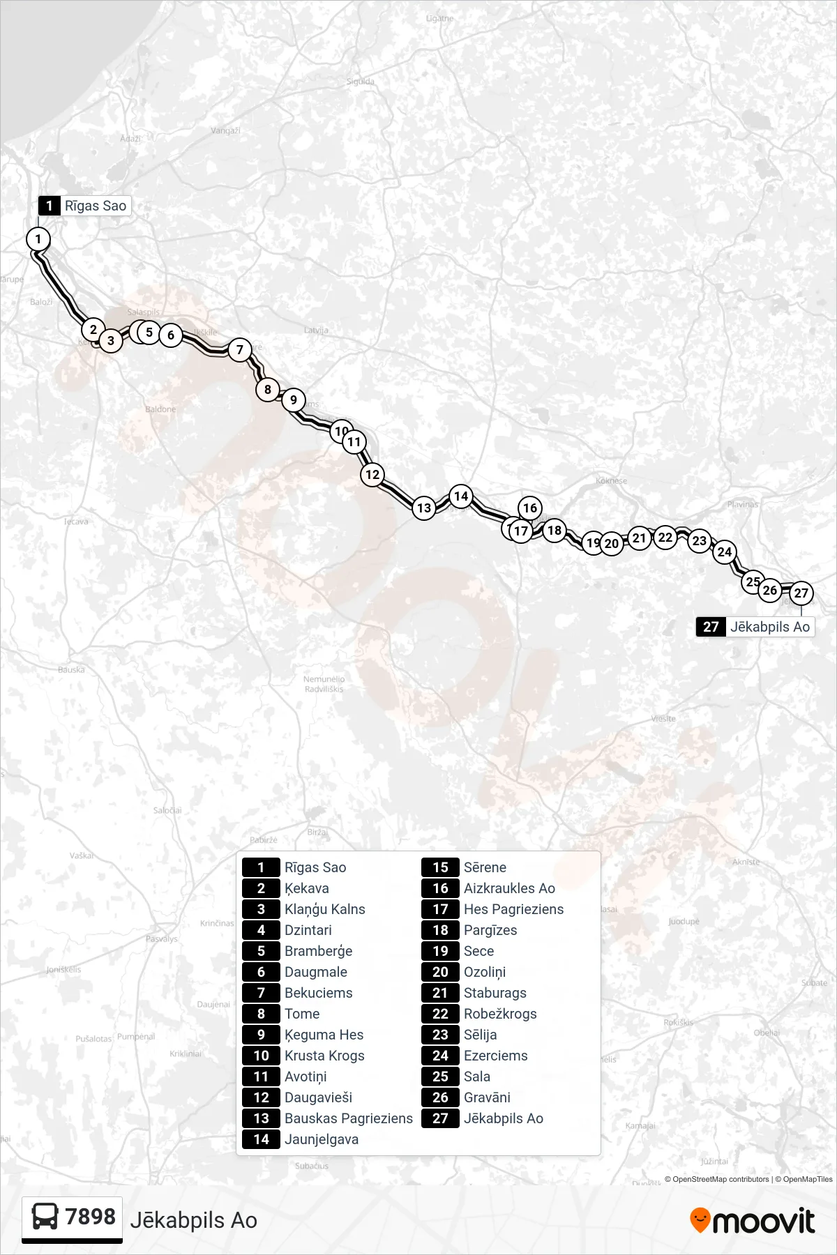 7898 bus Line (Jēkabpils Ao) route and stops on a map