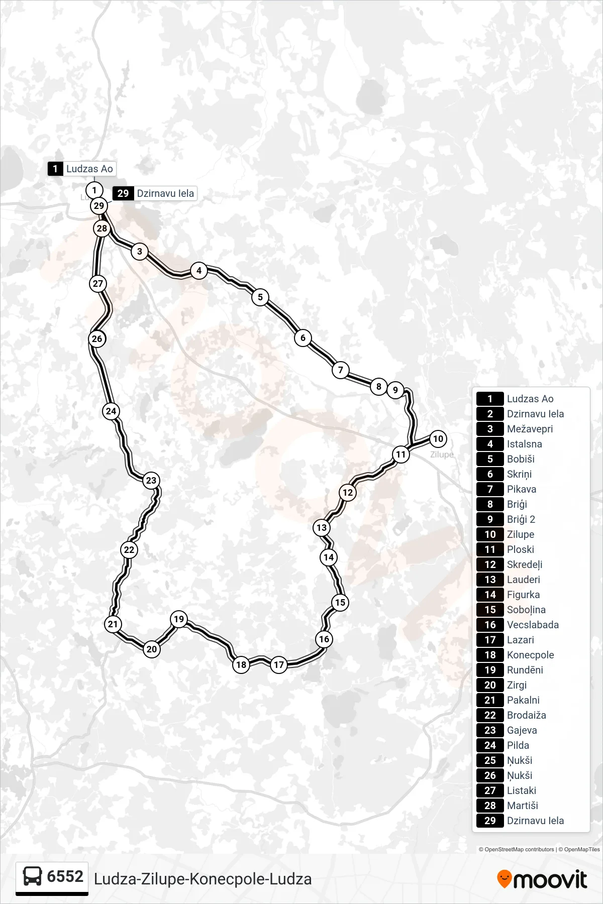 6552 bus Line (Ludzas Ao) route and stops on a map