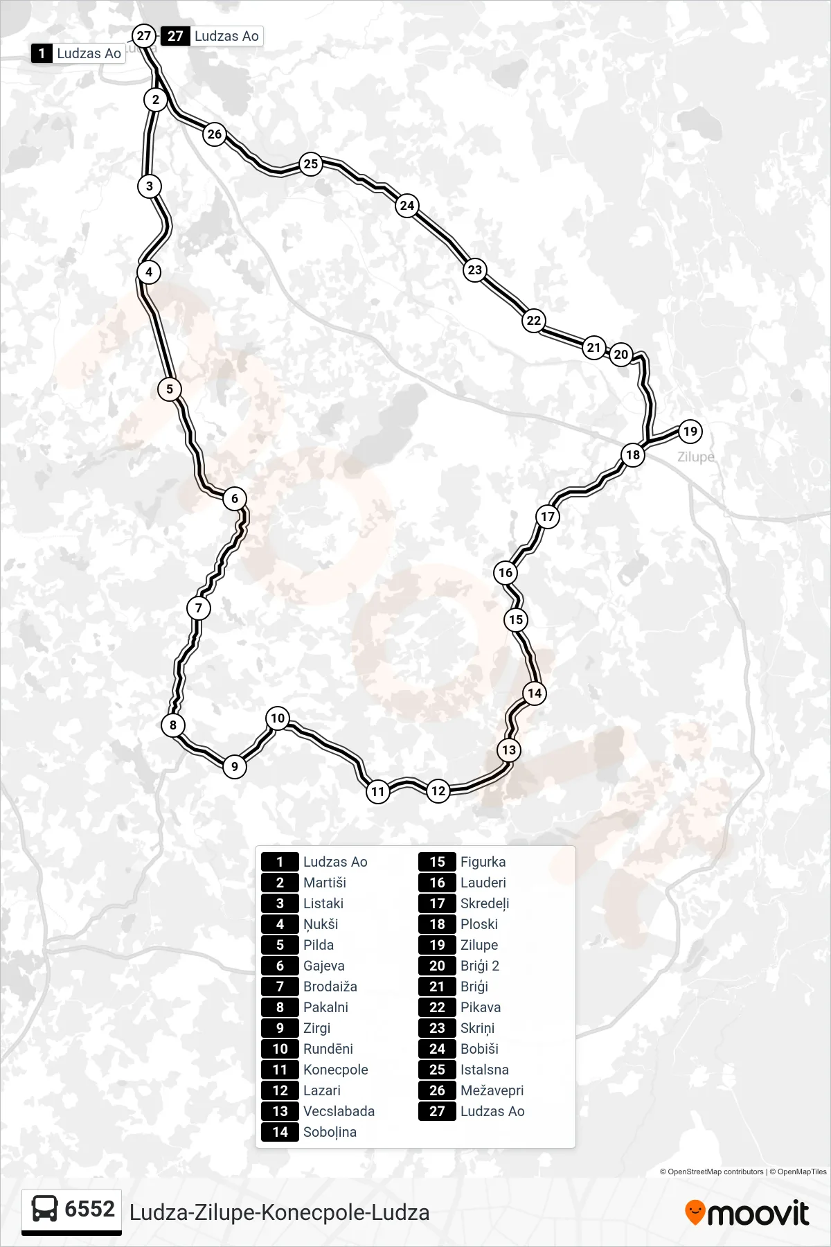 6552 bus Line (Ludzas Ao) route and stops on a map