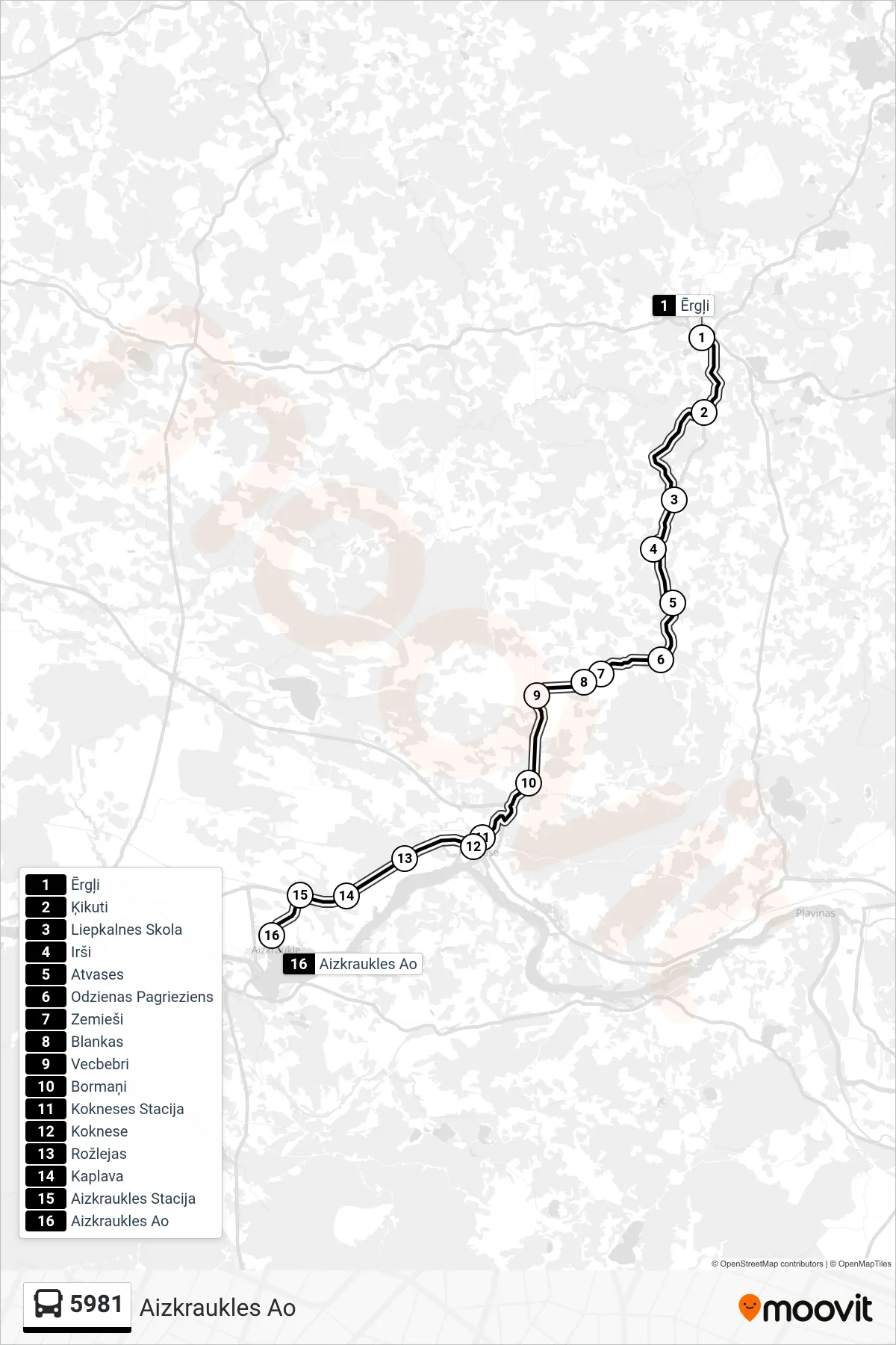 5981 bus Line (Aizkraukles Ao) route and stops on a map