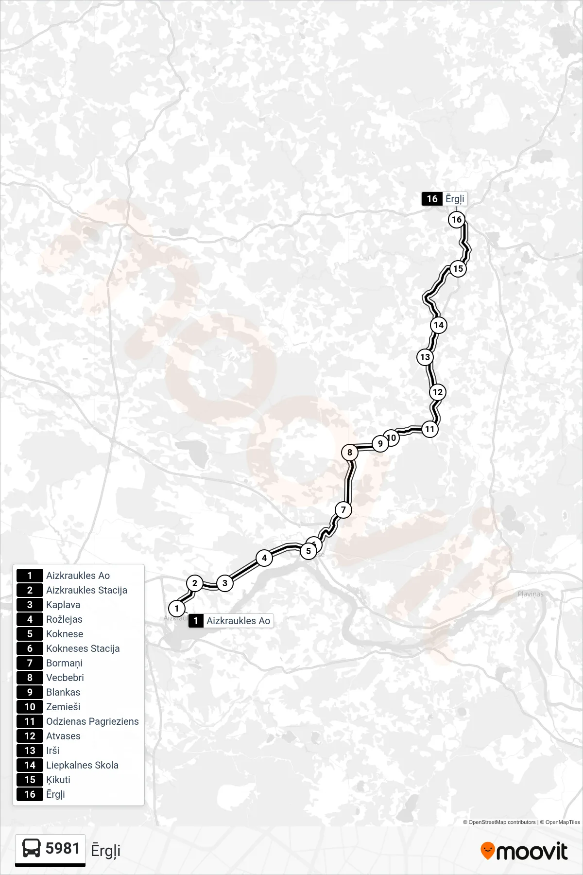 5981 bus Line (Ērgļi) route and stops on a map
