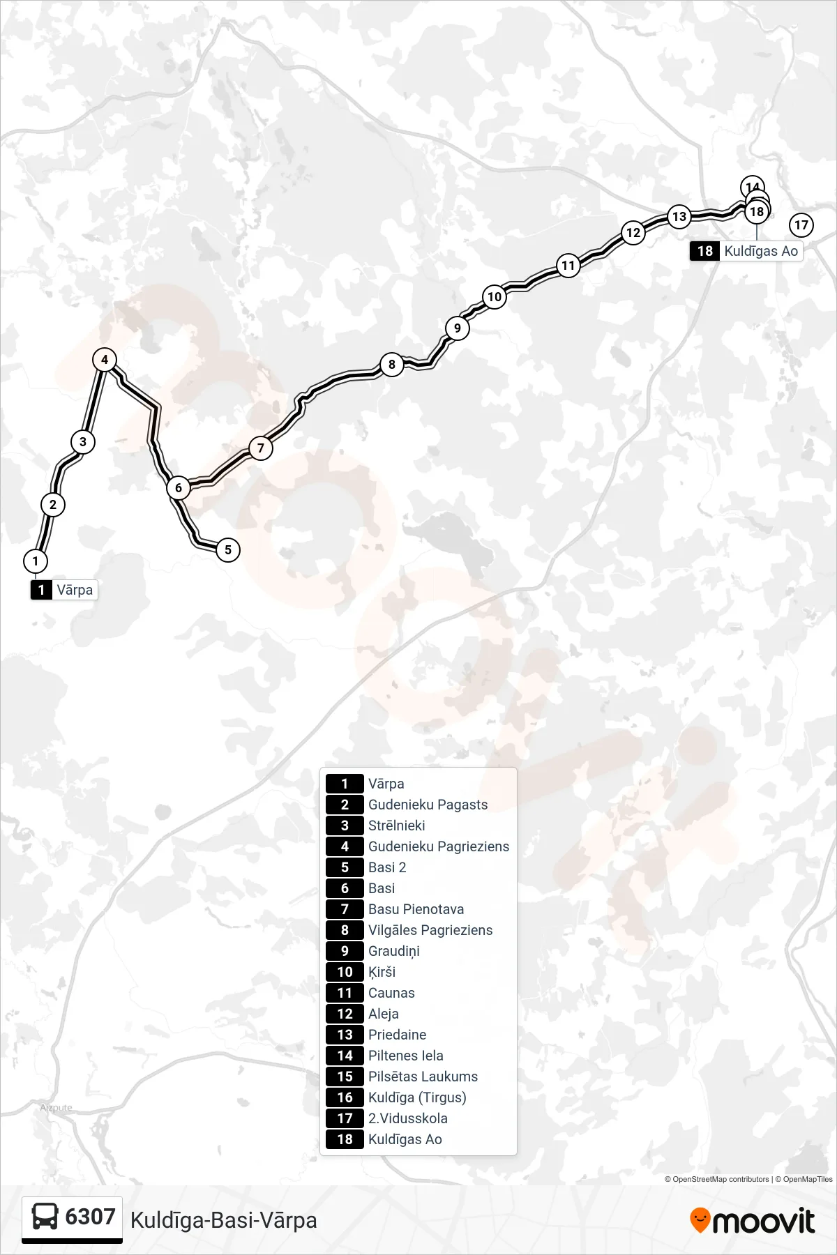 6307 bus Line (Kuldīgas Ao) route and stops on a map