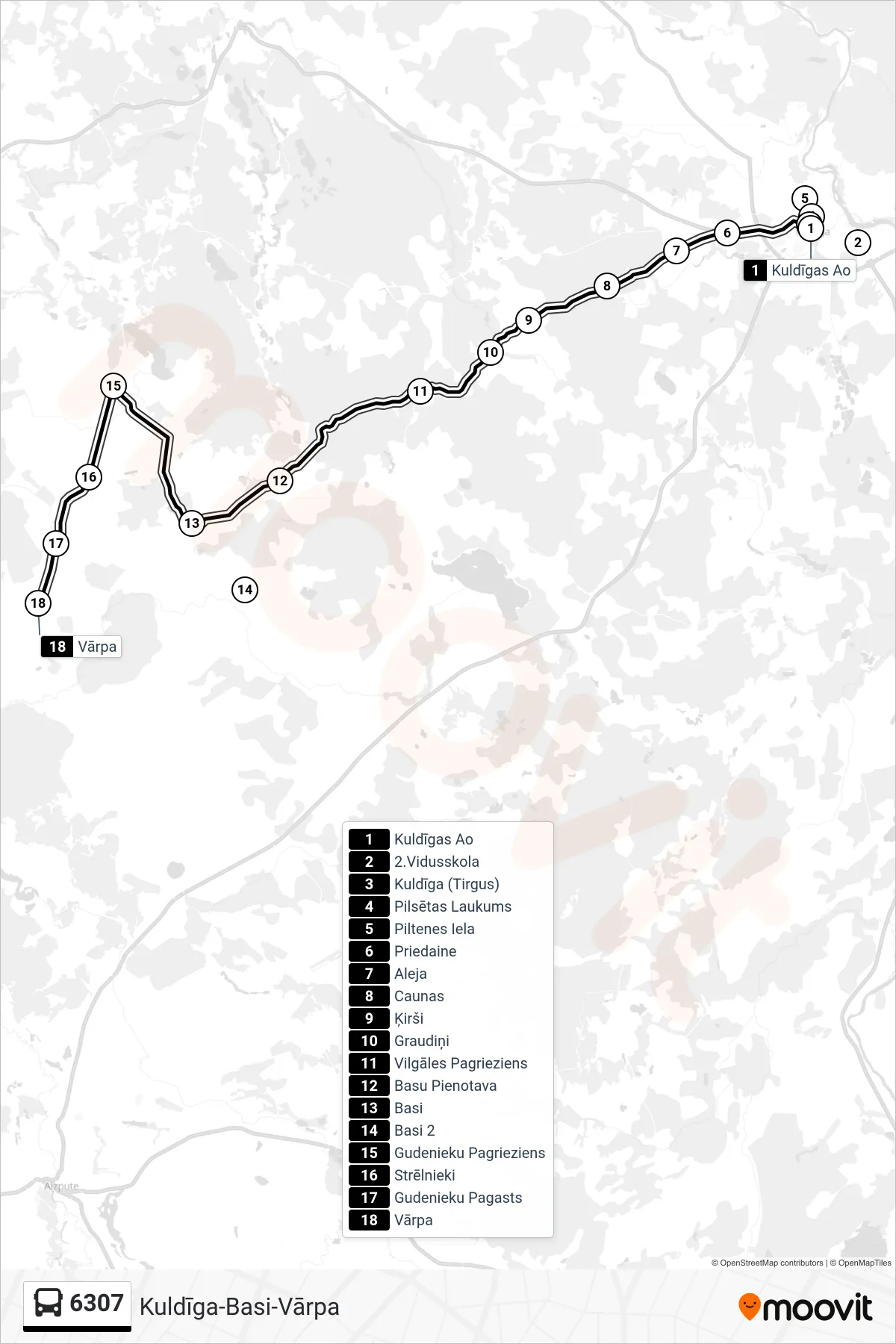 6307 bus Line (Vārpa) route and stops on a map