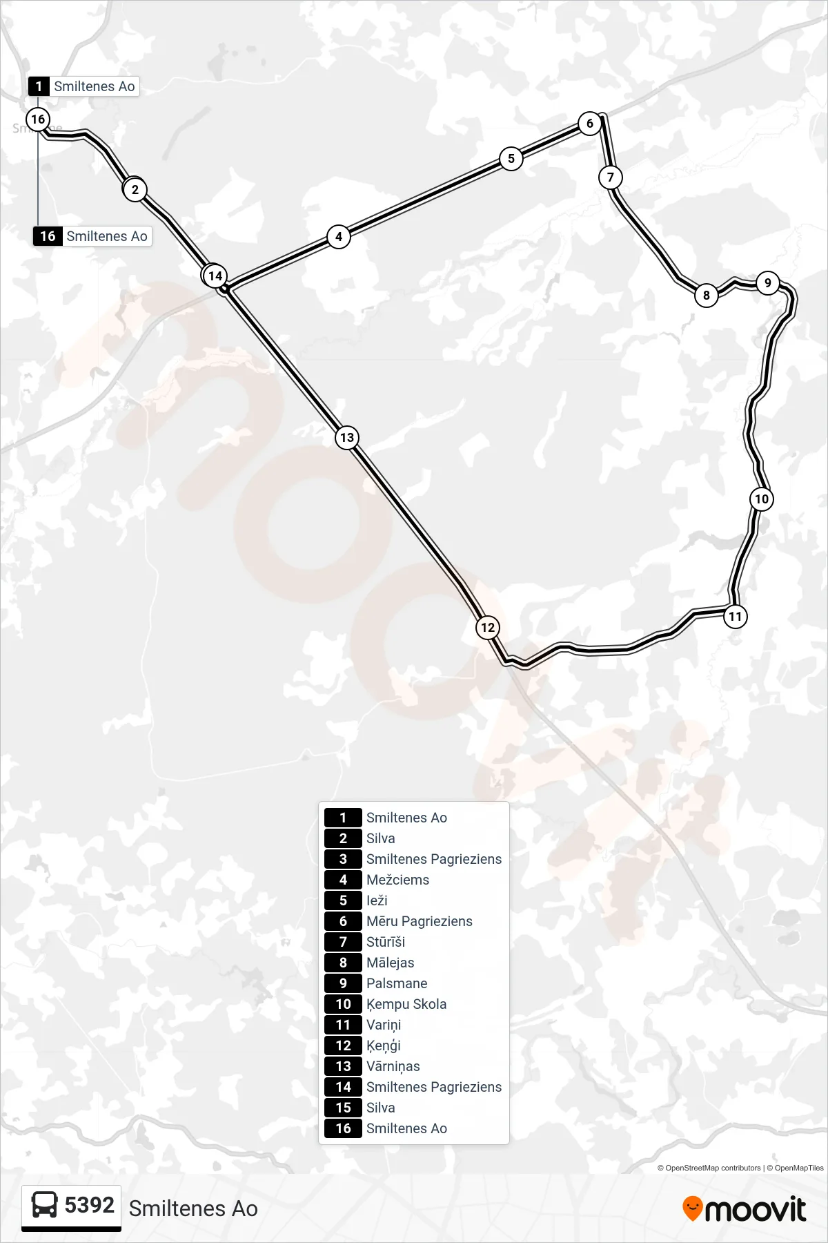 5392 bus Line (Smiltenes Ao) route and stops on a map