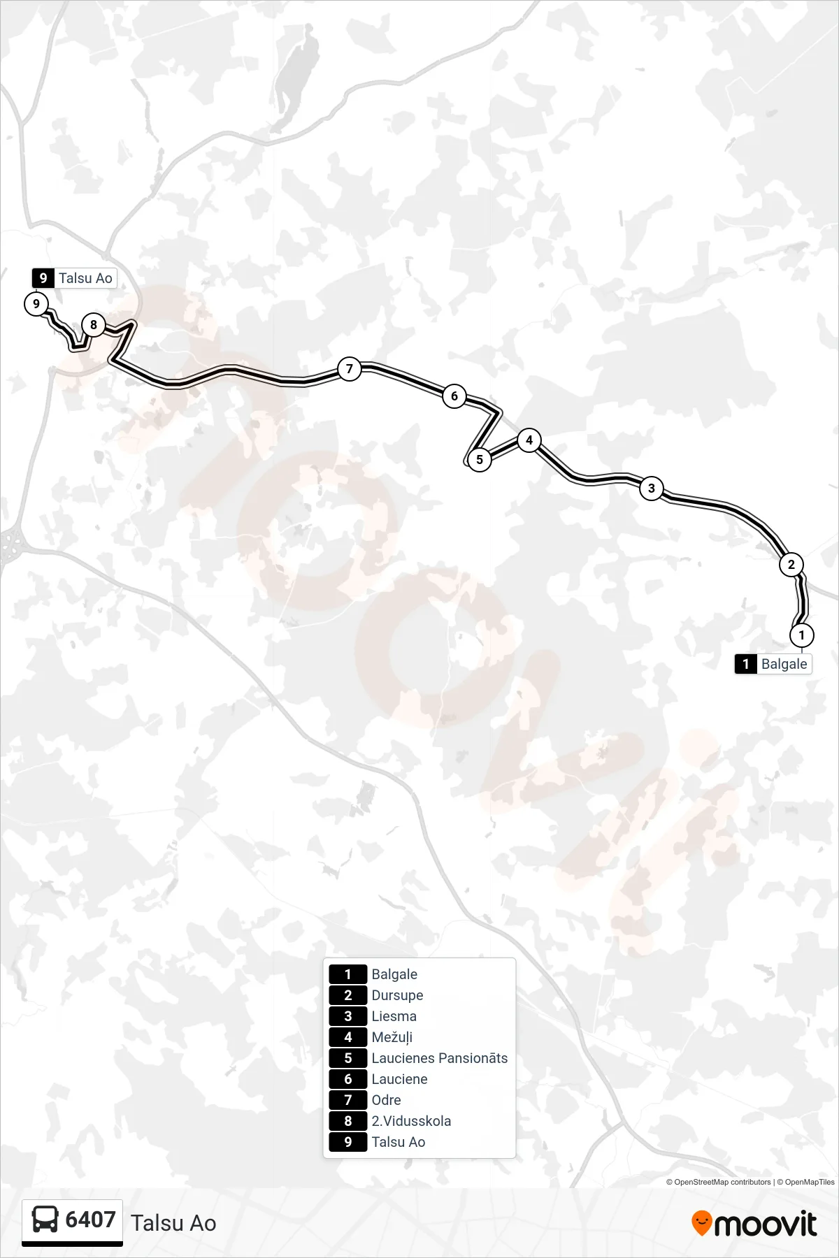6407 bus Line (Talsu Ao) route and stops on a map