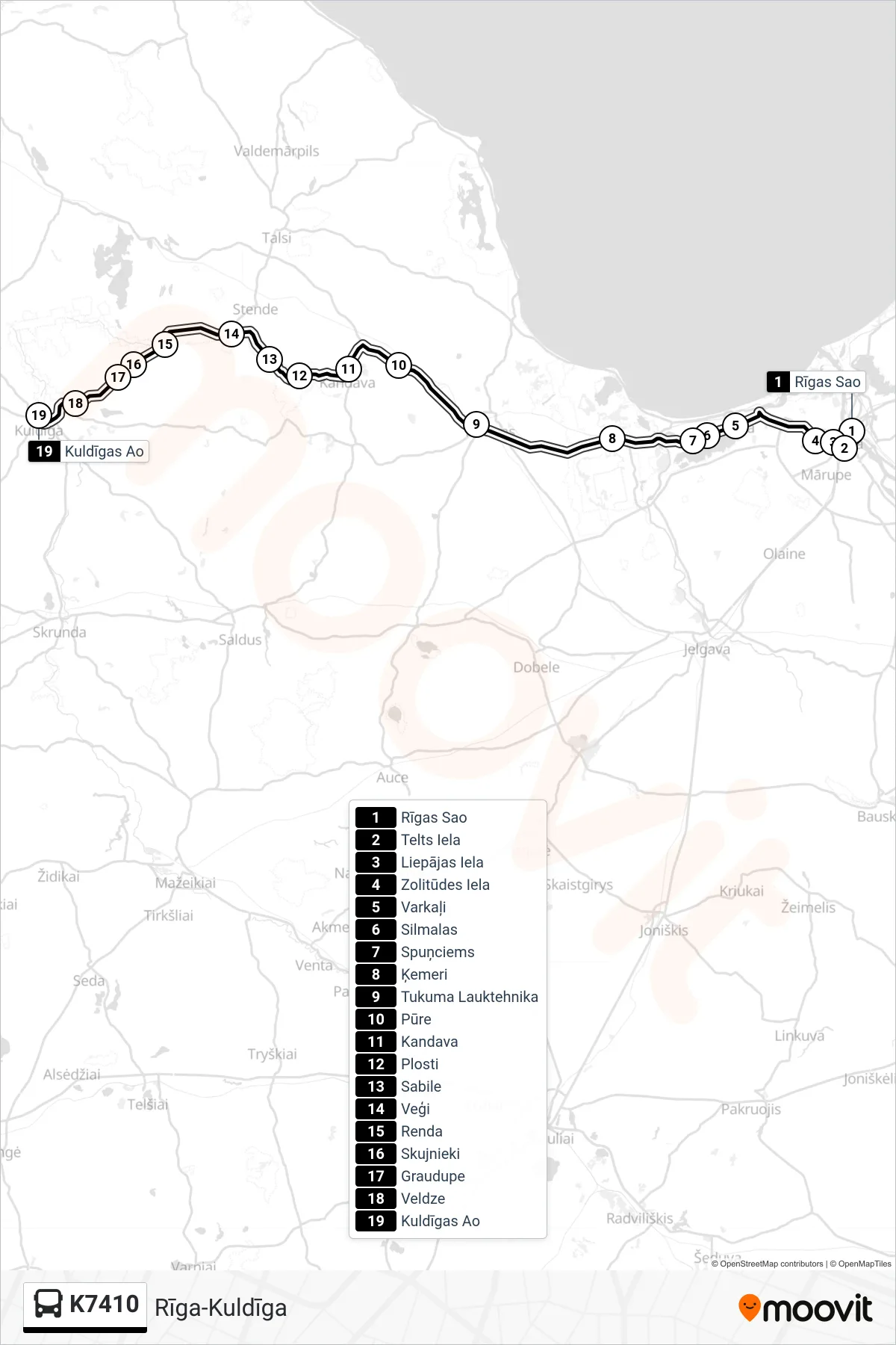 K7410 bus Line (Kuldīgas Ao) route and stops on a map
