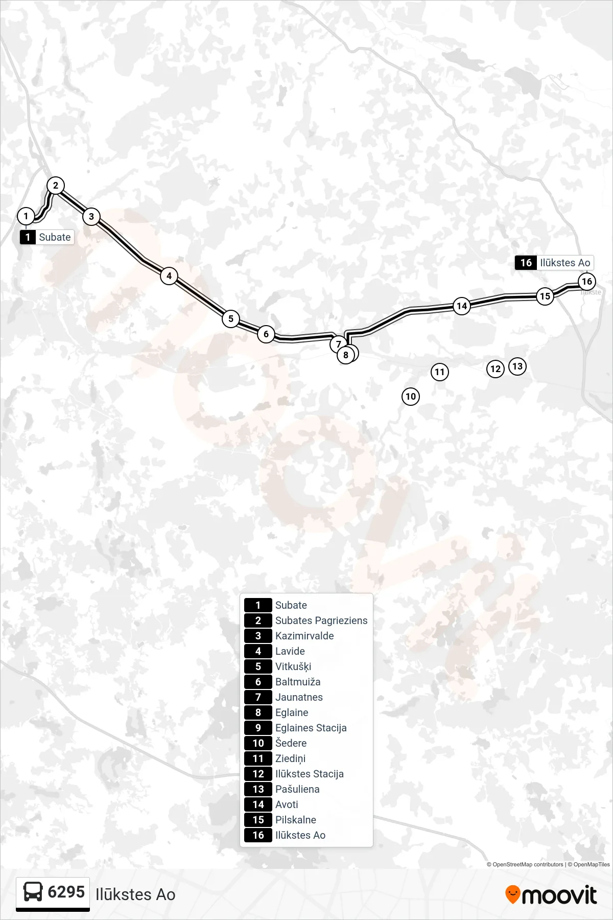 6295 bus Line (Ilūkstes Ao) route and stops on a map