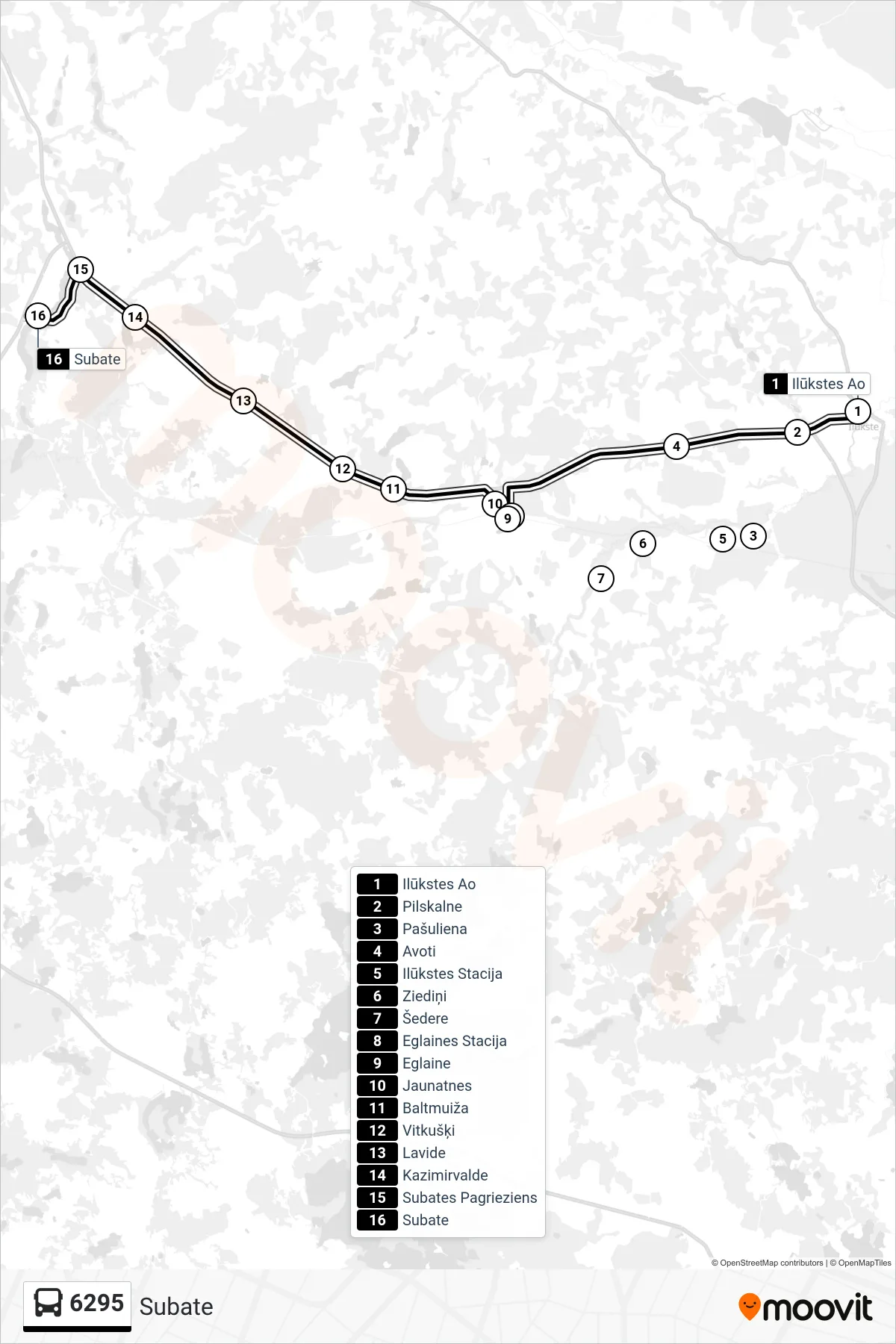 6295 bus Line (Subate) route and stops on a map