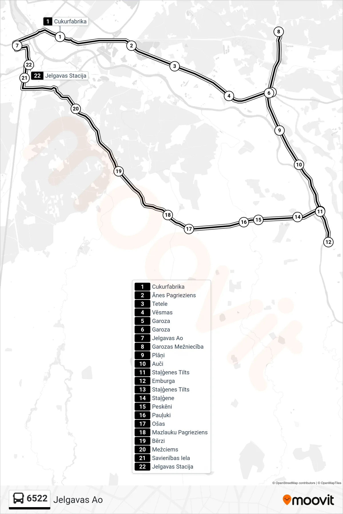 6522 bus Line (Jelgavas Ao) route and stops on a map