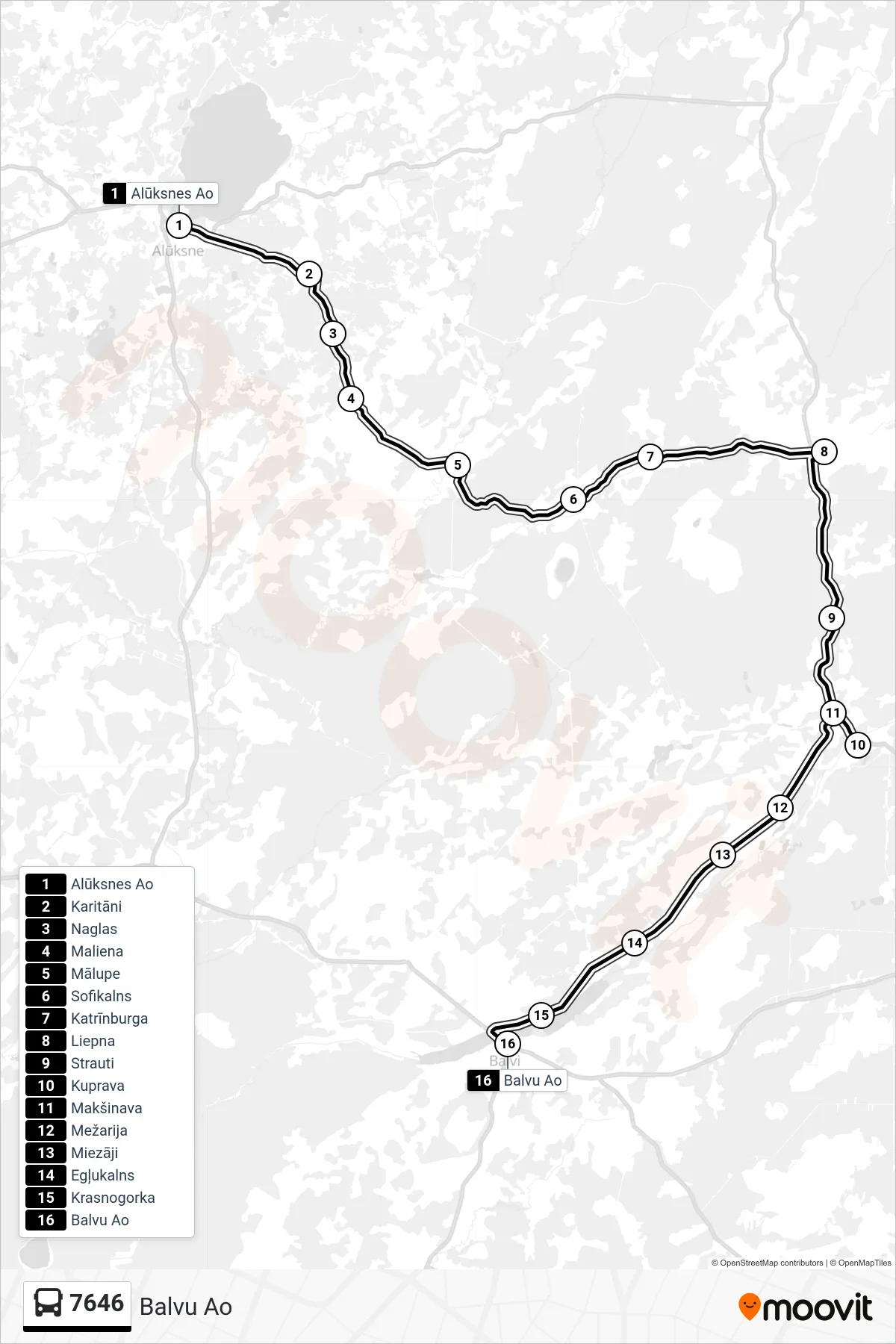 7646 bus Line (Balvu Ao) route and stops on a map
