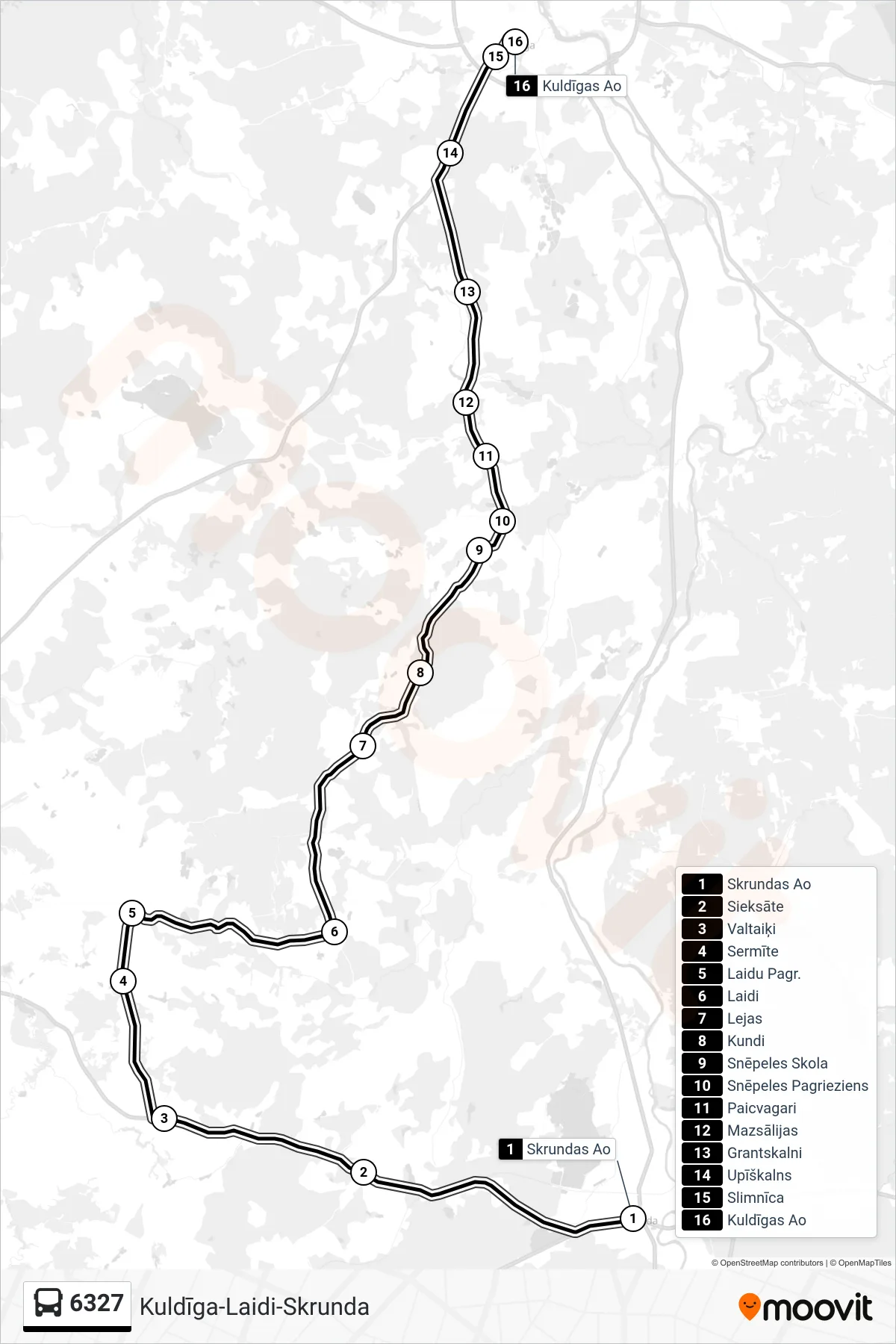 6327 bus Line (Kuldīgas Ao) route and stops on a map
