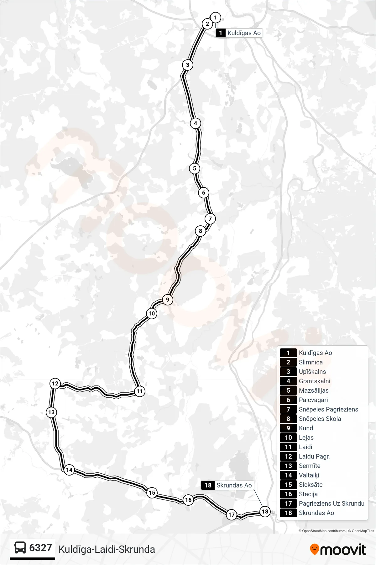 6327 bus Line (Skrundas Ao) route and stops on a map