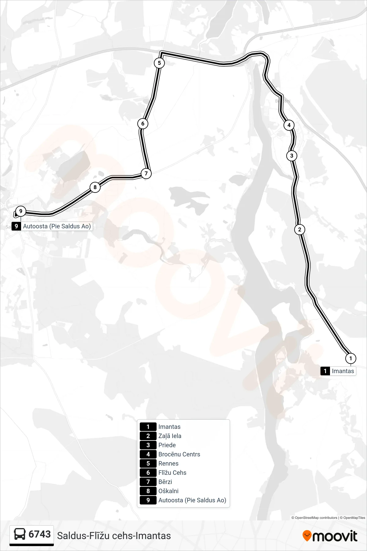6743 bus Line (Autoosta (Pie Saldus Ao)) route and stops on a map