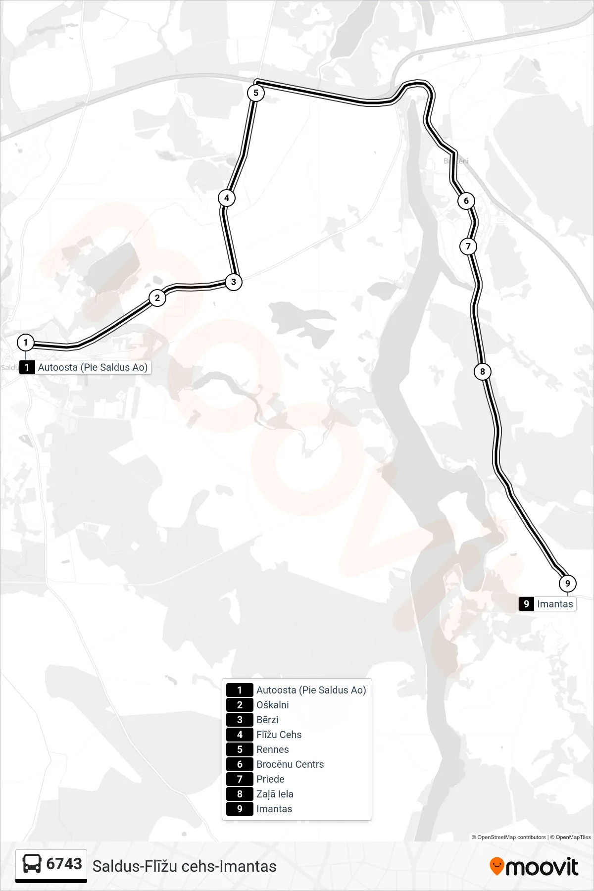 6743 bus Line (Imantas) route and stops on a map