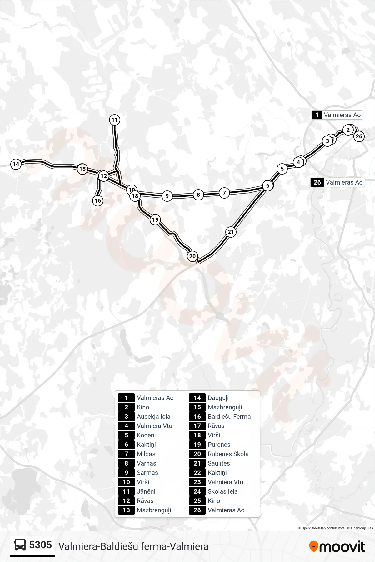 5305 bus Line (Valmieras Ao) route and stops on a map