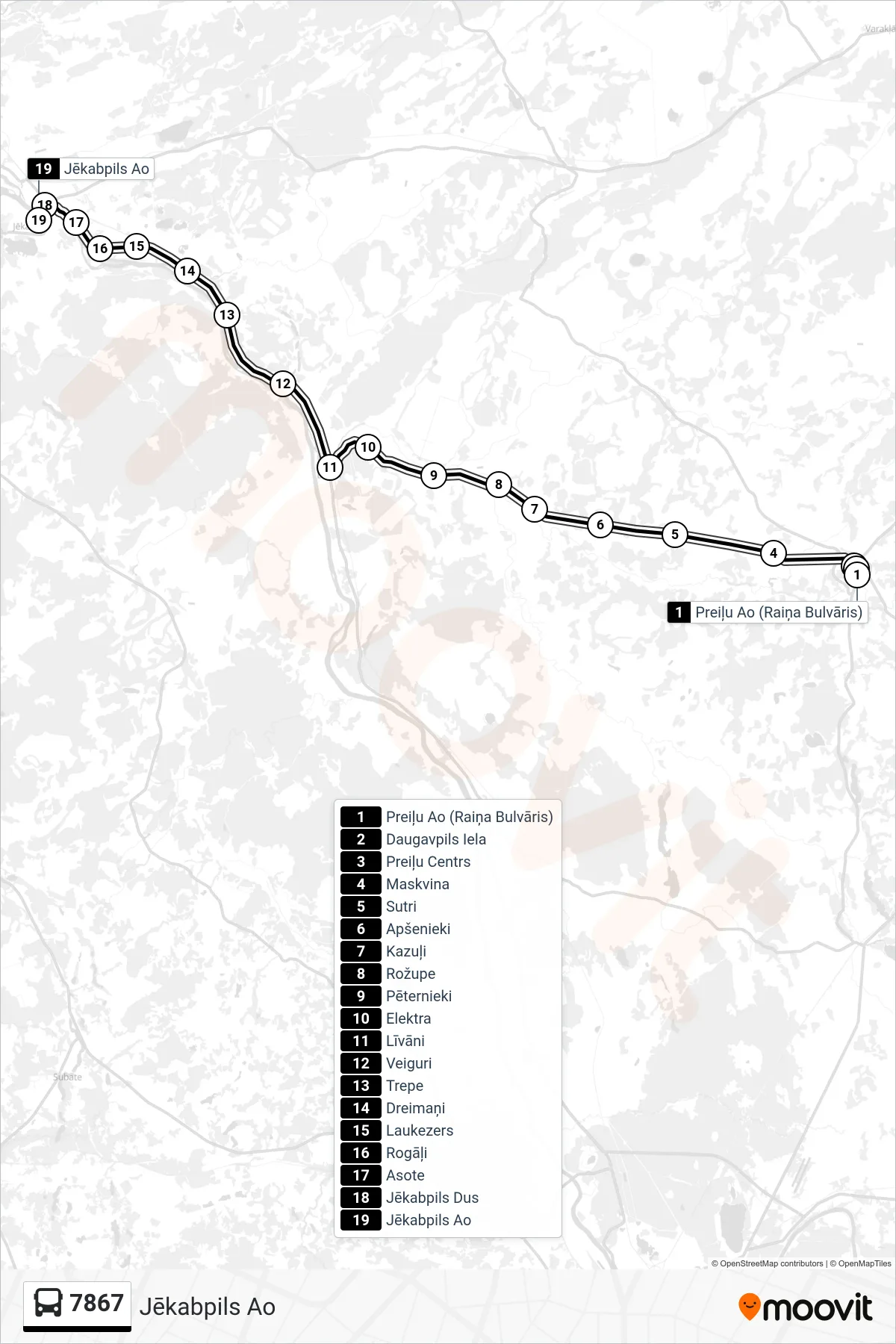 7867 bus Line (Jēkabpils Ao) route and stops on a map