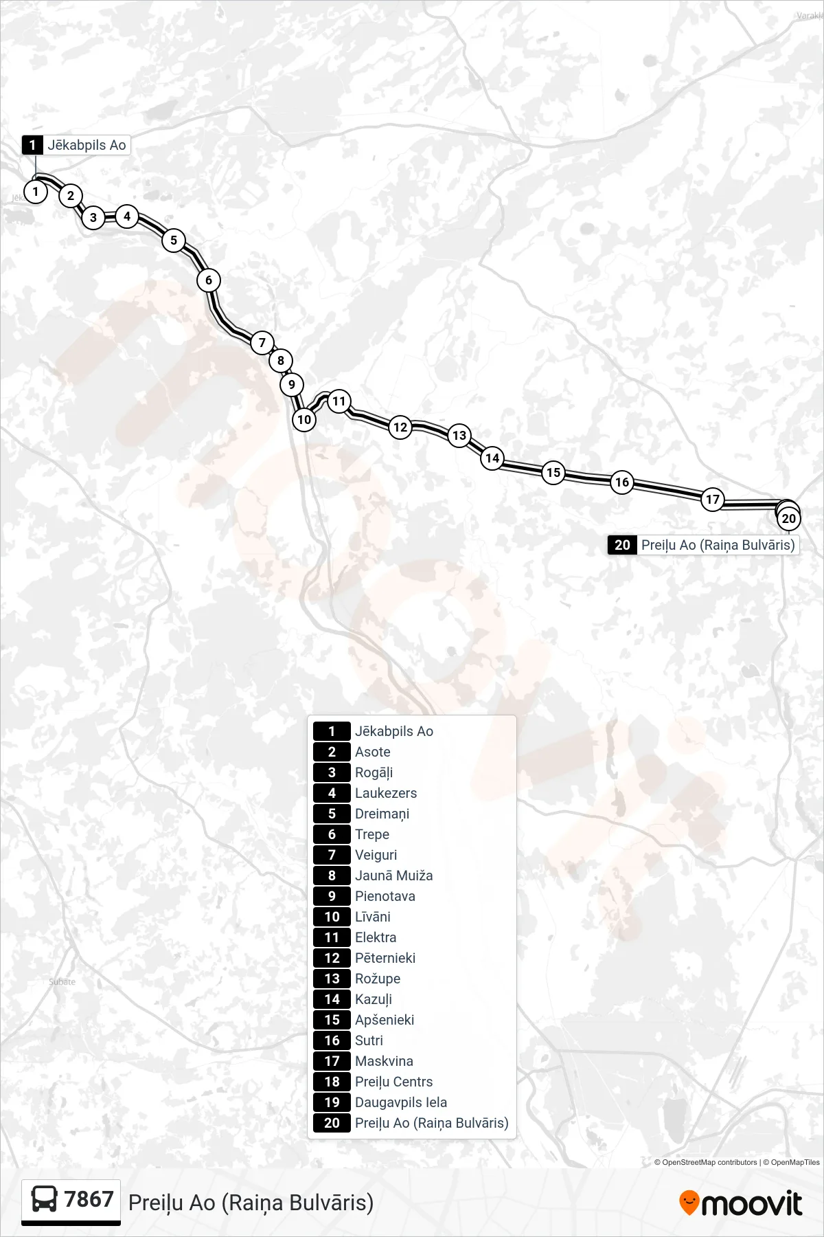 7867 bus Line (Preiļu Ao (Raiņa Bulvāris)) route and stops on a map