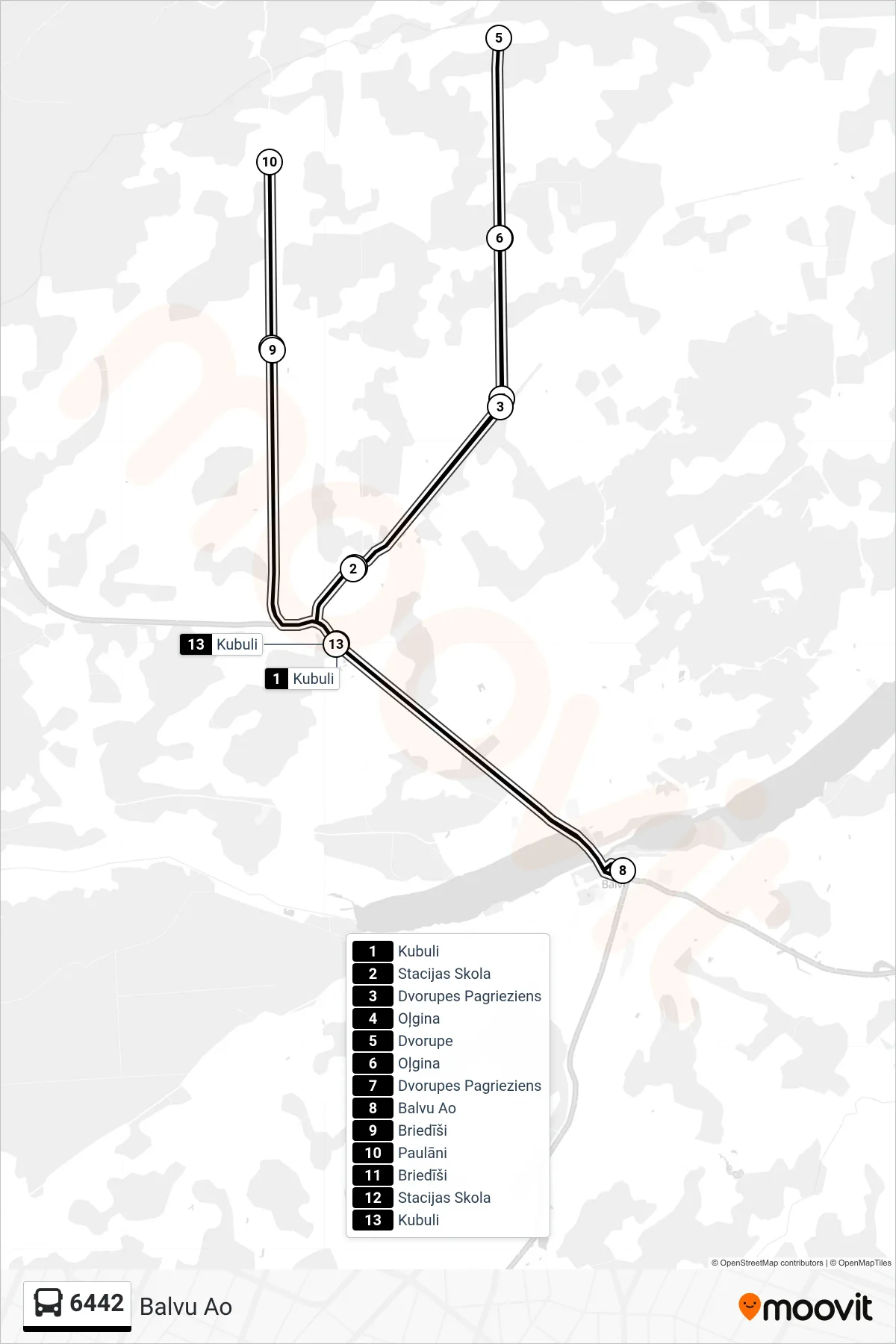 6442 bus Line (Balvu Ao) route and stops on a map