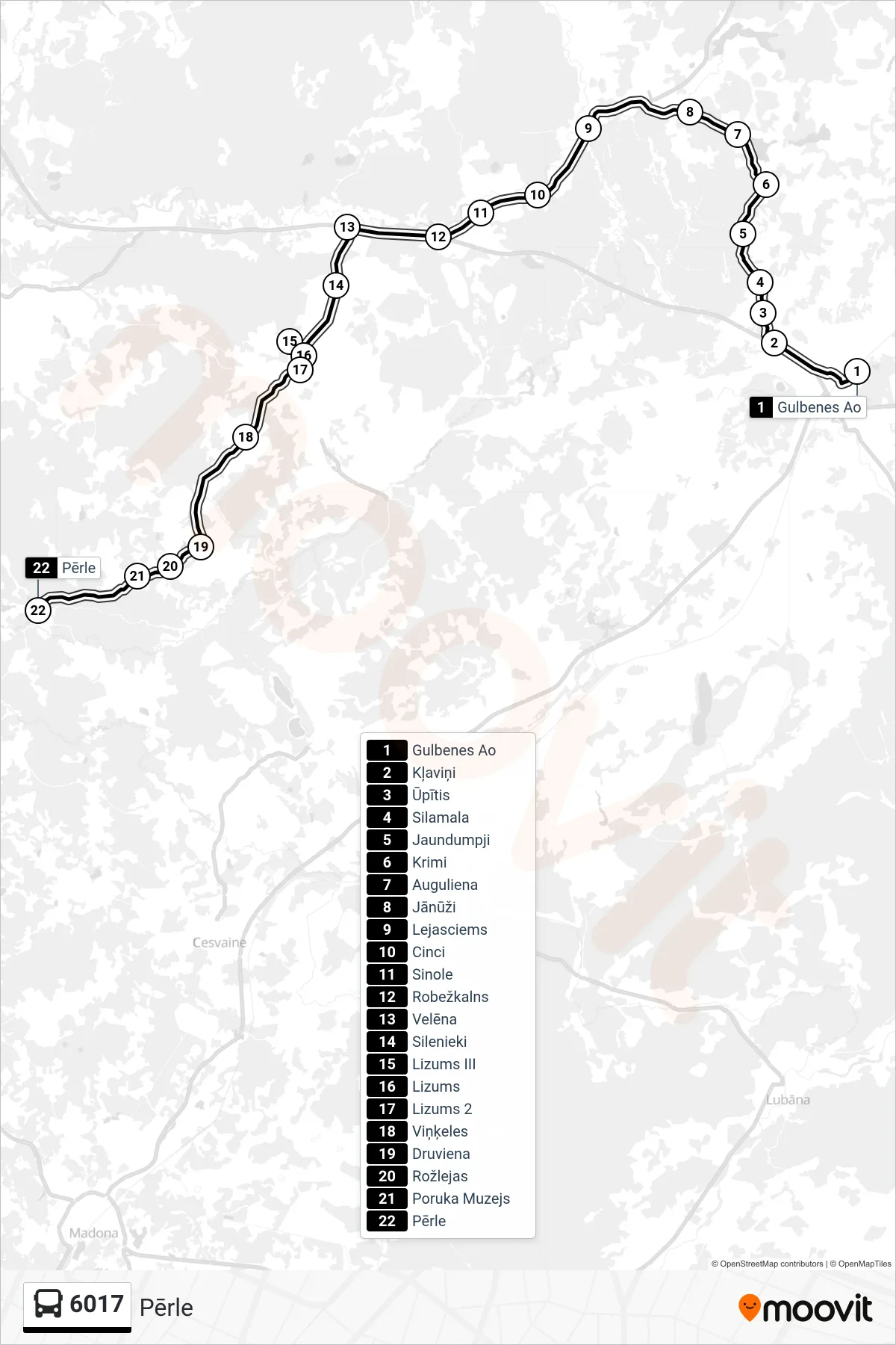 6017 bus Line (Pērle) route and stops on a map