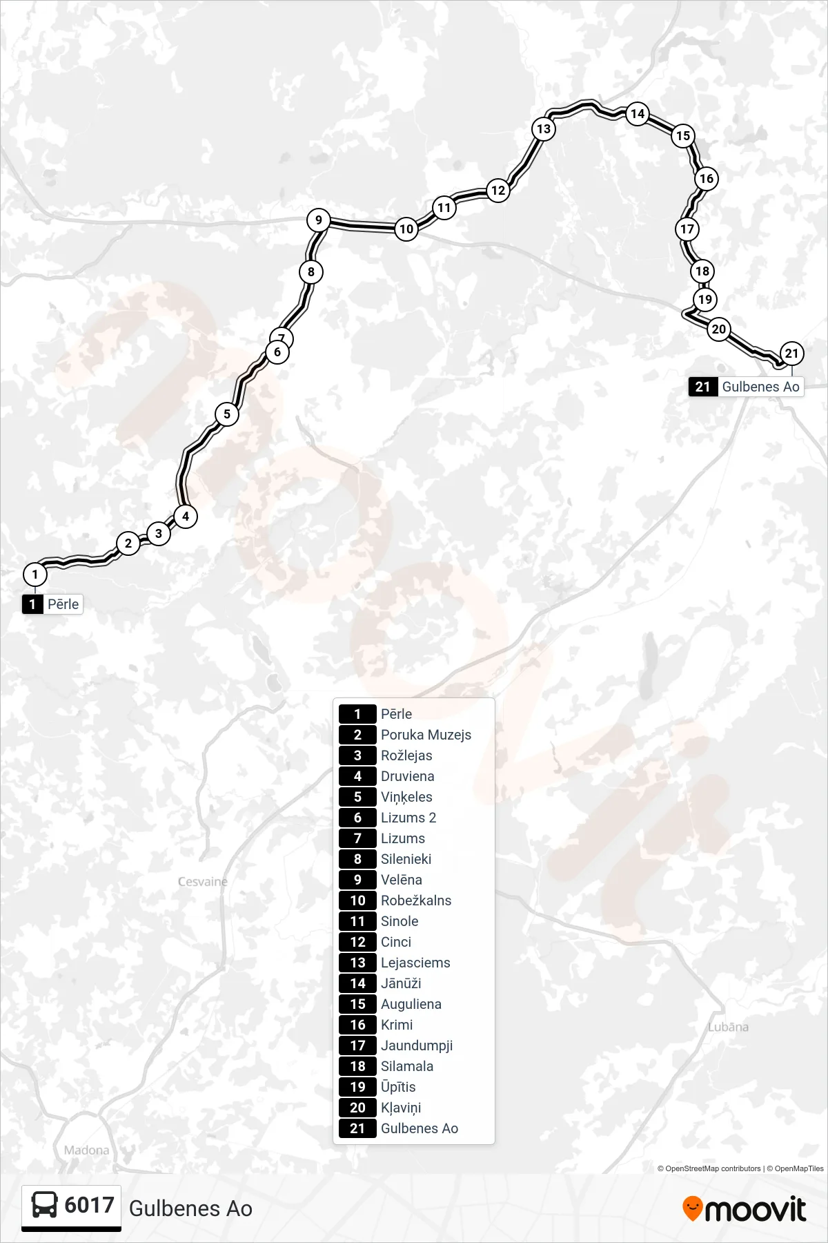6017 bus Line (Gulbenes Ao) route and stops on a map
