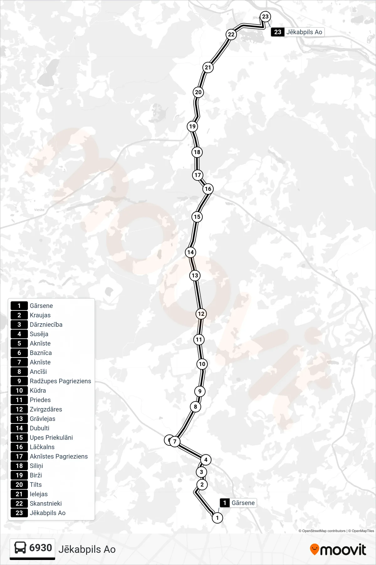 6930 bus Line (Jēkabpils Ao) route and stops on a map