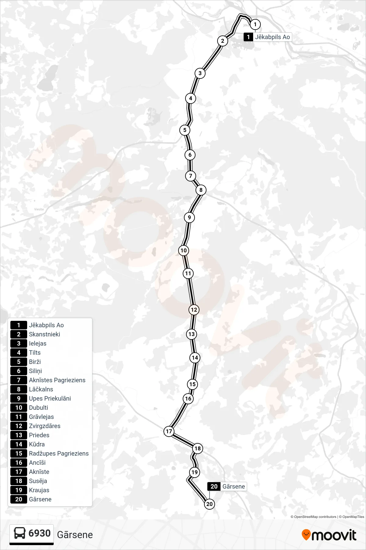 6930 bus Line (Gārsene) route and stops on a map