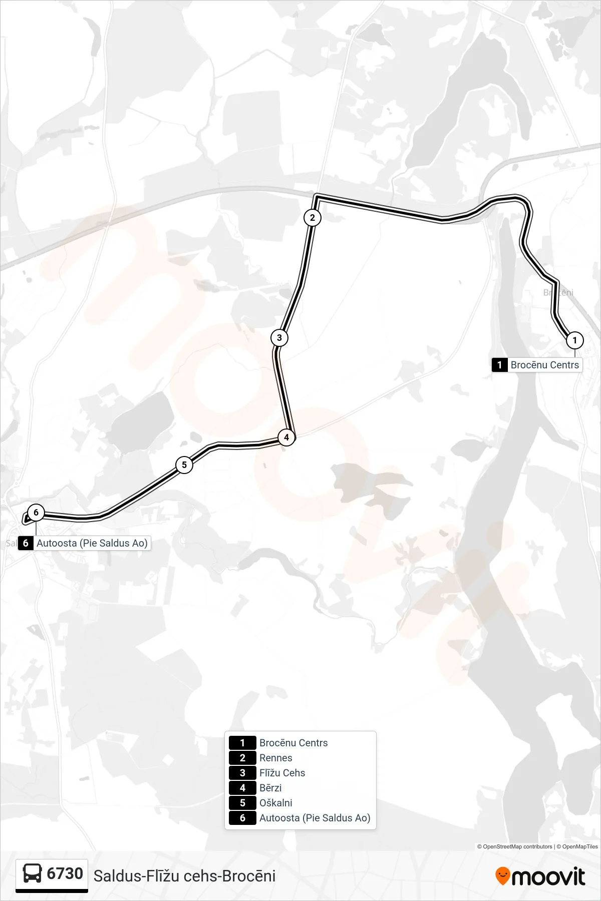 6730 bus Line (Autoosta (Pie Saldus Ao)) route and stops on a map