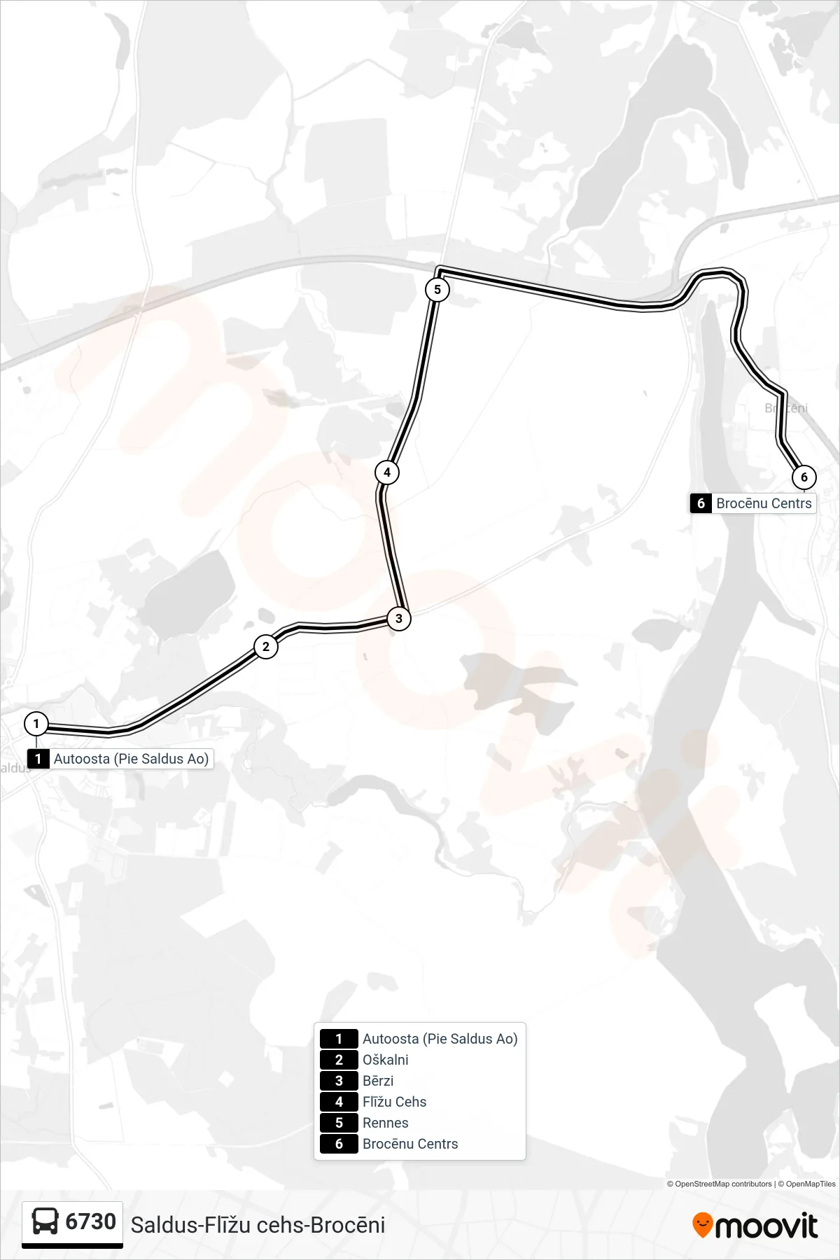 6730 bus Line (Brocēnu Centrs) route and stops on a map