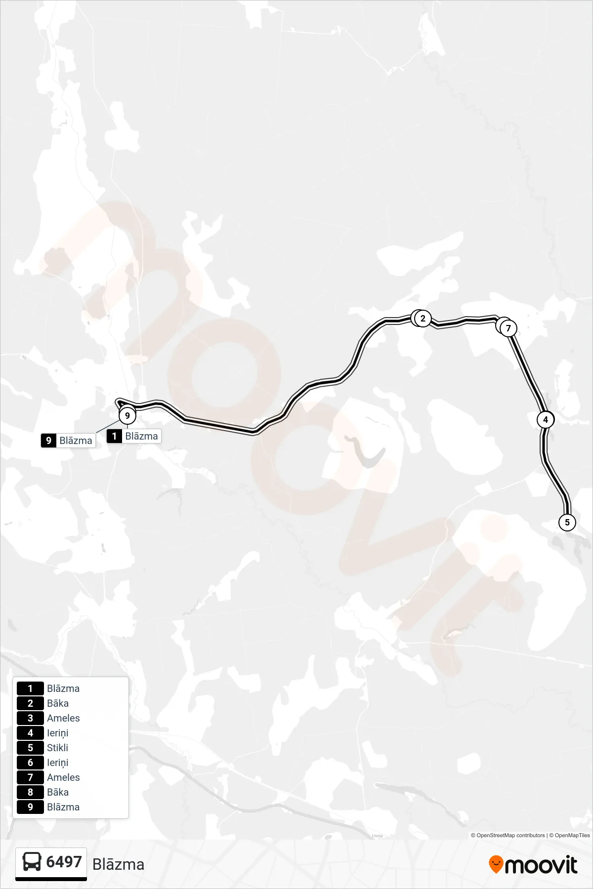 6497 bus Line (Blāzma) route and stops on a map