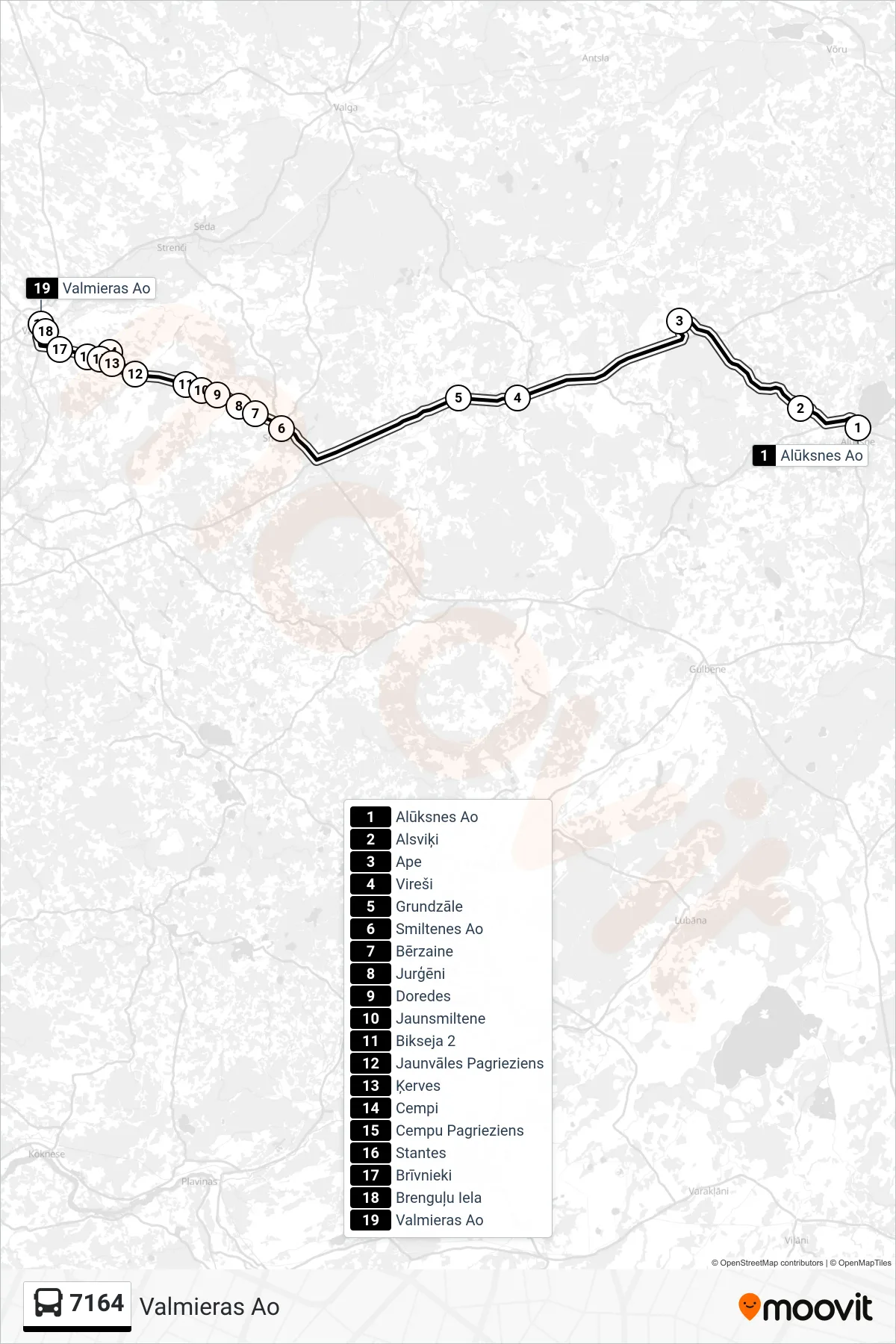 7164 bus Line (Valmieras Ao) route and stops on a map