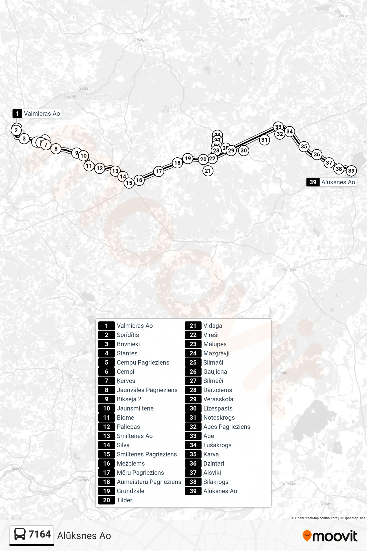 7164 bus Line (Alūksnes Ao) route and stops on a map