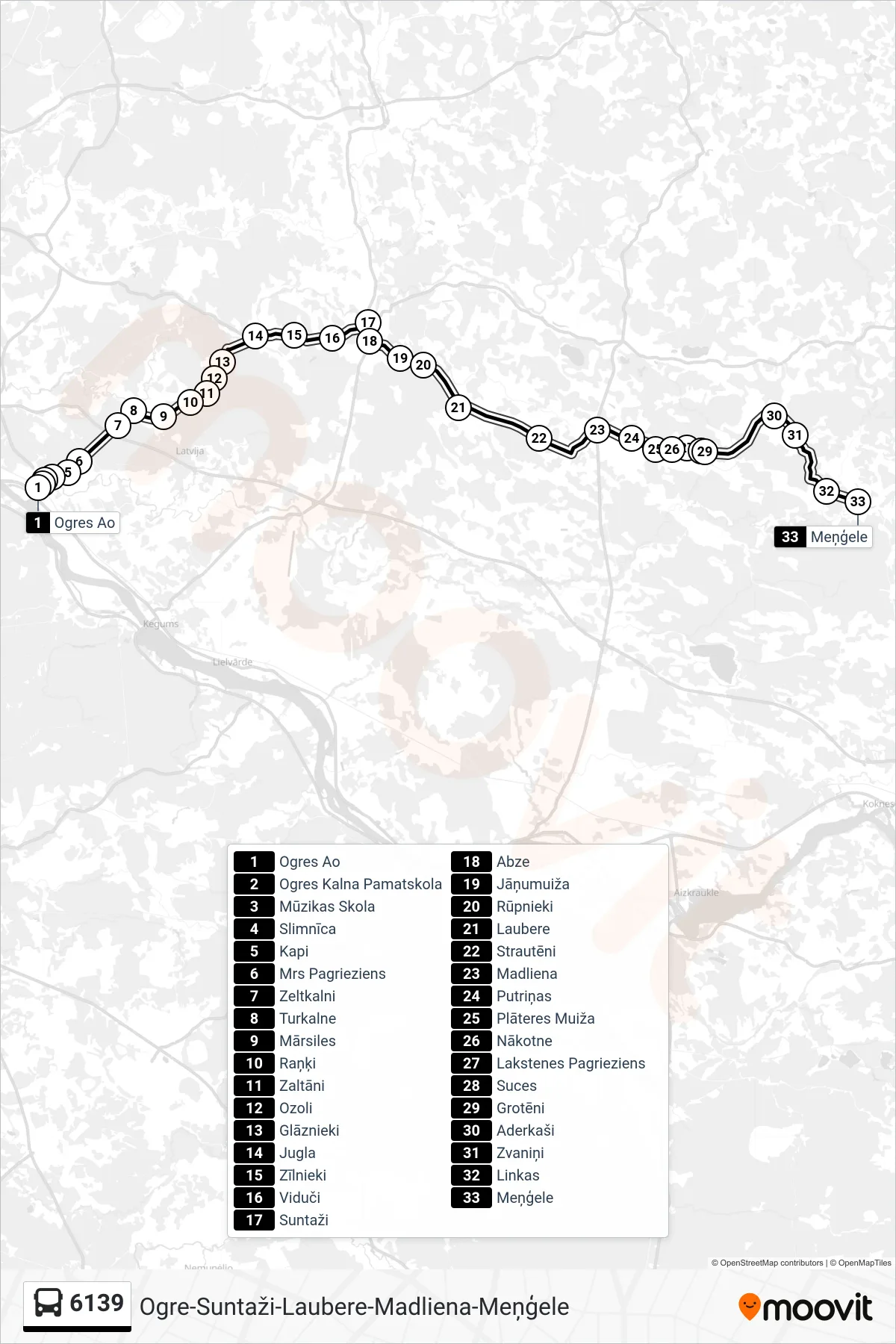 6139 bus Line (Meņģele) route and stops on a map